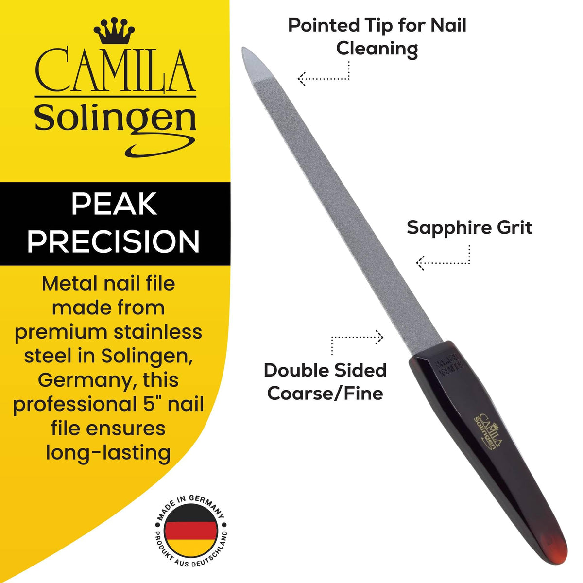Camila Solingen CS17 2 Pack Professional Sapphire Metal Nail File Pointed for Fingernail and Toenail Care. Double Sided Coarse Fine for Manicure Pedicure. Stainless Steel from Solingen Germany 5 inch