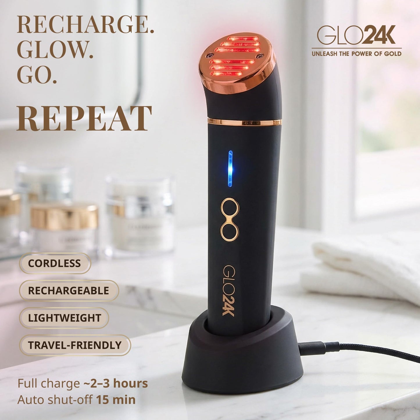 GLO24K - Dispositivo de belleza para rejuvenecimiento de la piel, basado en LED de triple acción, térmica, tecnologías de vibración. Tratamiento antiedad SPA en casa.