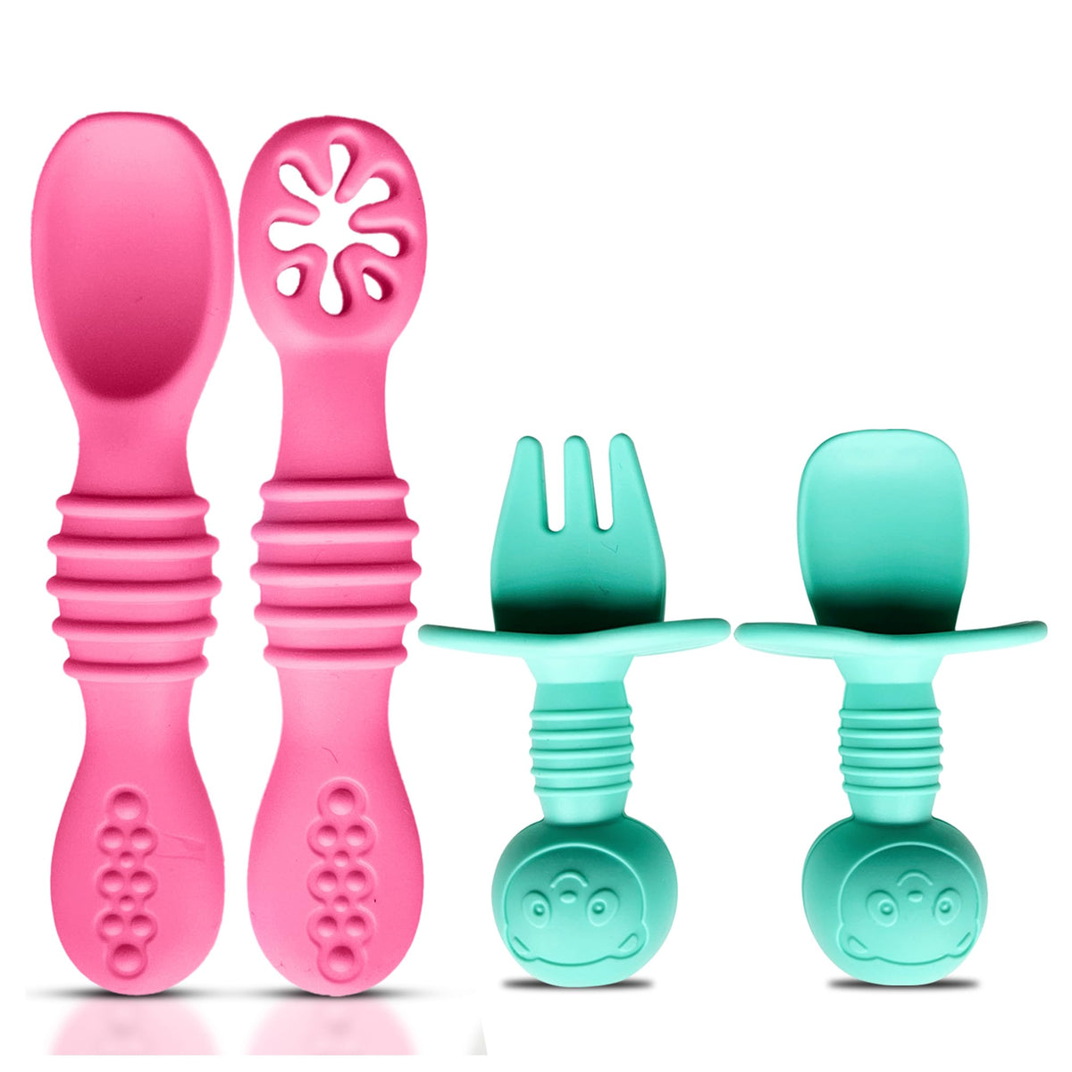 HippoBaby - Cucharas de silicona para bebé, 4 piezas, utensilios autoalimentables para bebé, 6-12 meses, 3 cucharas para bebé, 1 tenedor para bebé, juego de cubiertos para niños pequeños, sin BPA