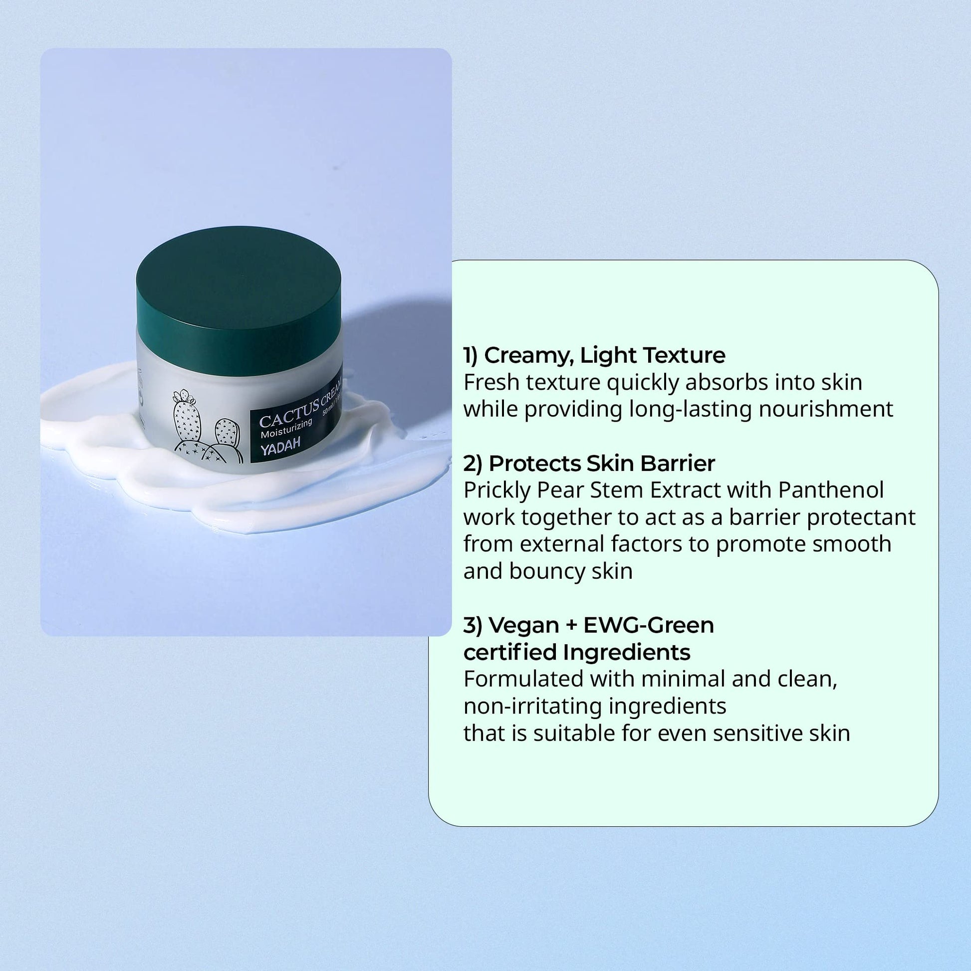 YADAH Crema de cactus 1.69 onzas líquidas – Hidratante facial que forma barrera de humedad para piel seca sensible