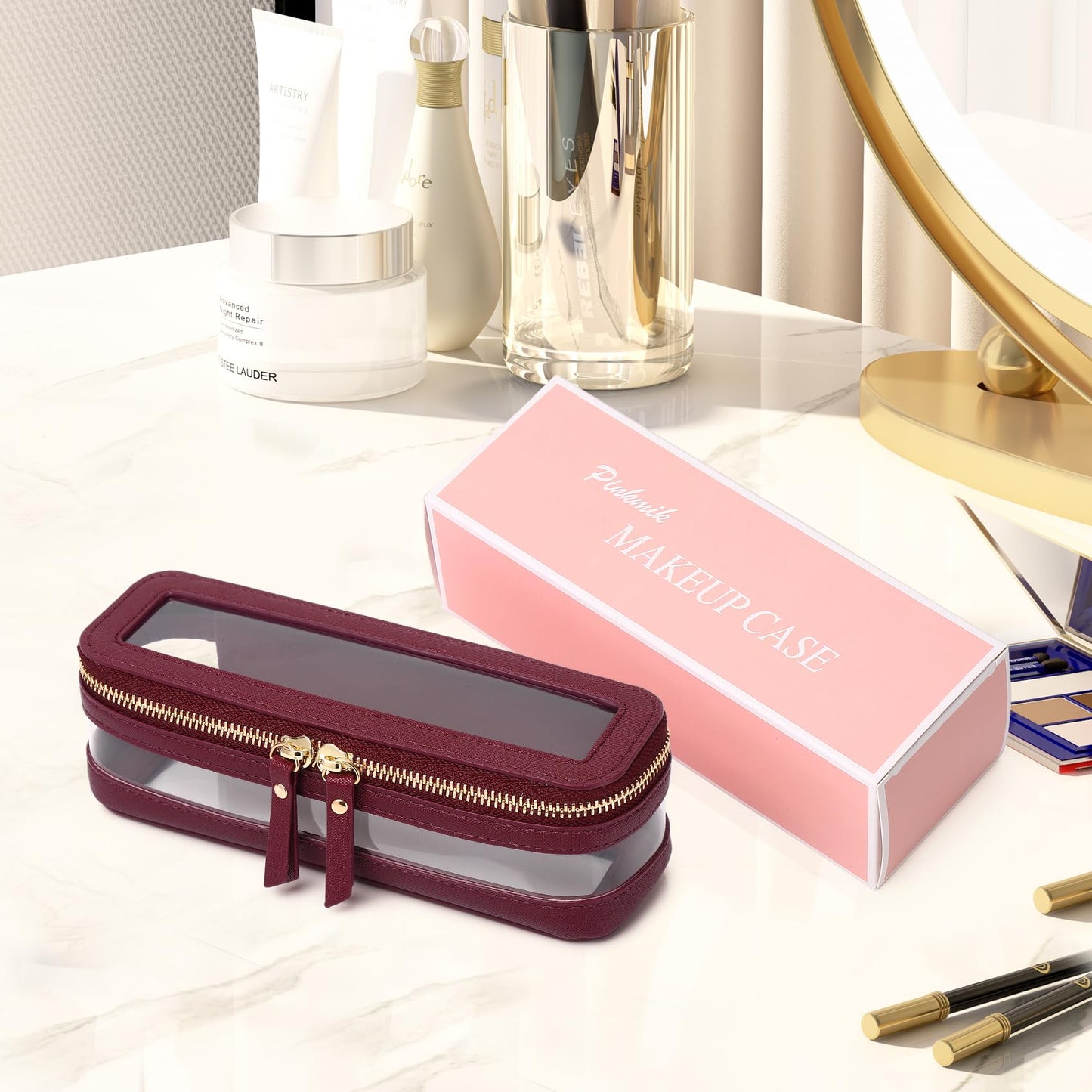 Pinkmik - Estuche para brochas de maquillaje transparente de viaje y neceser, bolsa de maquillaje pequeña con cierre, organizador para mujer, B2/Borgoña, SLIM-1