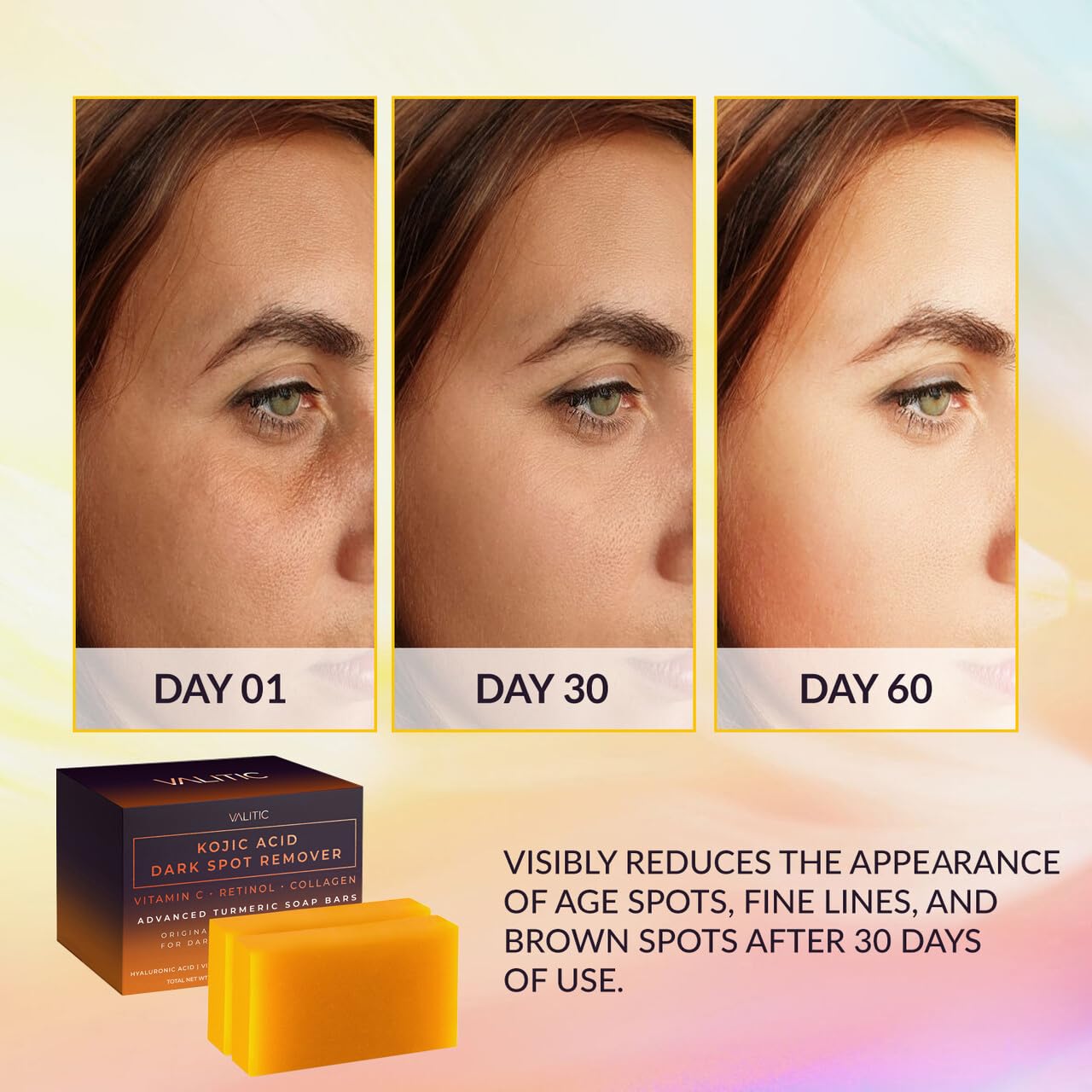 VALITIC- Jabón en barra con ácido kójico para eliminar manchas oscuras, vitamina C, retinol, colágeno y cúrcuma (original japonés)