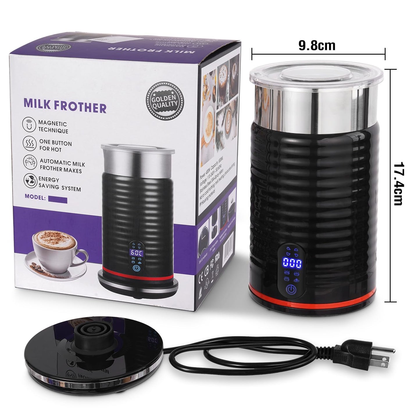 Espumador de Leche Eléctrico 4 en 1 Negro para Café, Latte y Capuchino