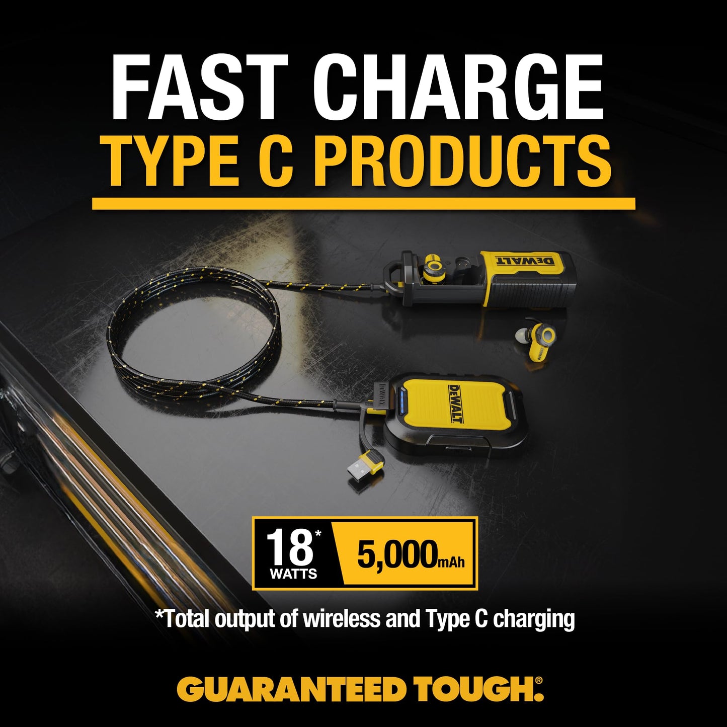 DEWALT - Banco de energía magnético resistente de 5.000 mAh, cargador portátil inalámbrico resistente, batería de carga rápida de 18 W, USB-C a C con cable adaptador USB de 4 pies, resistente al agua