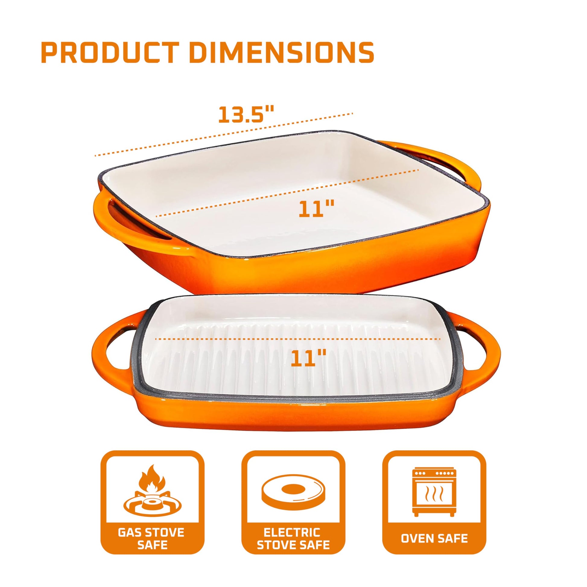 Bruntmor - Horno holandés de hierro fundido cuadrado 2 en 1 con asas, juego de utensilios de cocina todo en uno esmaltado, sartén para cacerola, sartén de hierro fundido cubierta en olla