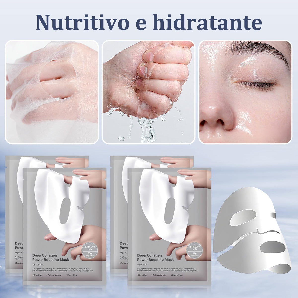 RUIAO 8PCS Mascarillas Faciales, Mascarilla Bio Colágeno, Reafirma e hidrata la piel, reduce los poros, Mascarilla Nocturna de Colágeno Profundo para Elasticidad, Low Molecular Collagen Face Mask.
