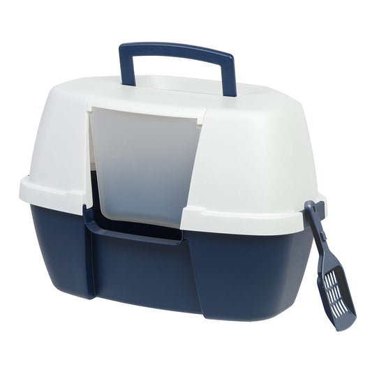 IRIS USA Large Enclosed Corner Cat Litter Box with Front Door Flap and Scoop, Hooded Kitty Litter Tray with Easy Access Lift Top Handle and Buckles for Portability and Privacy, Navy/White