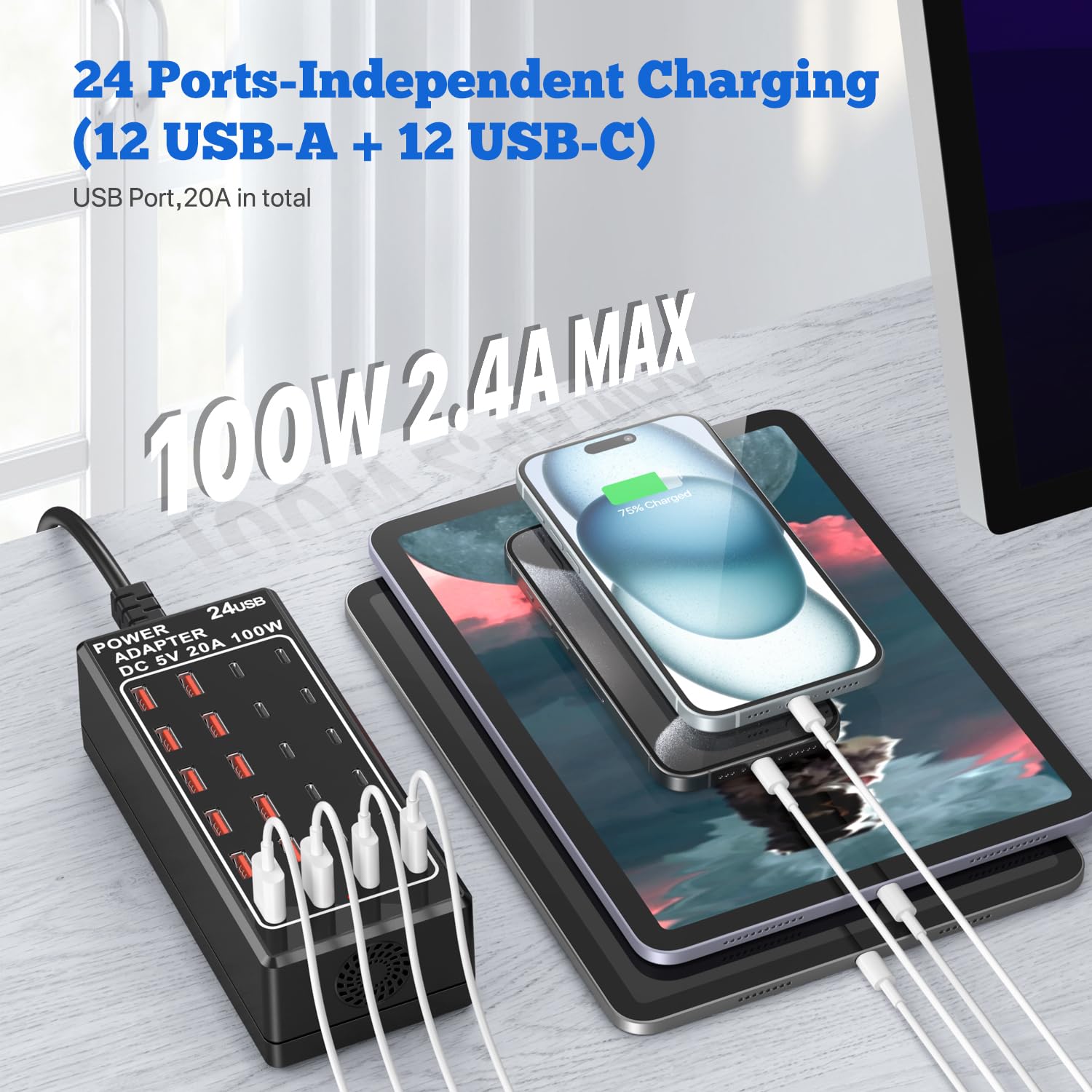 Cargador USB, bloque de cargador USB C, 100 W (20 A), 24 puertos, múltiples USB, cargador de pared, 12 USB A 12 USB C compatible con Apple iPhone, iPad, Samsung Galaxy, portátil, Pixel, teléfonos