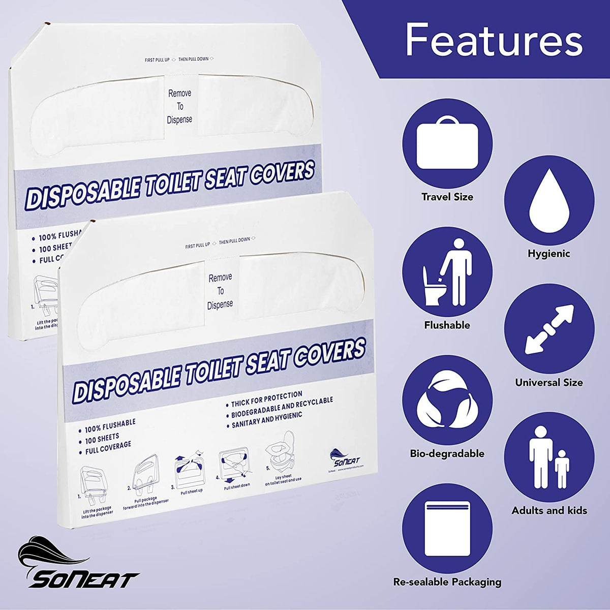 Funda Desechable para Asiento de Inodoro SoNeat Alta Calidad para Instalaciones Comerciales 200 Hojas XL Portátiles