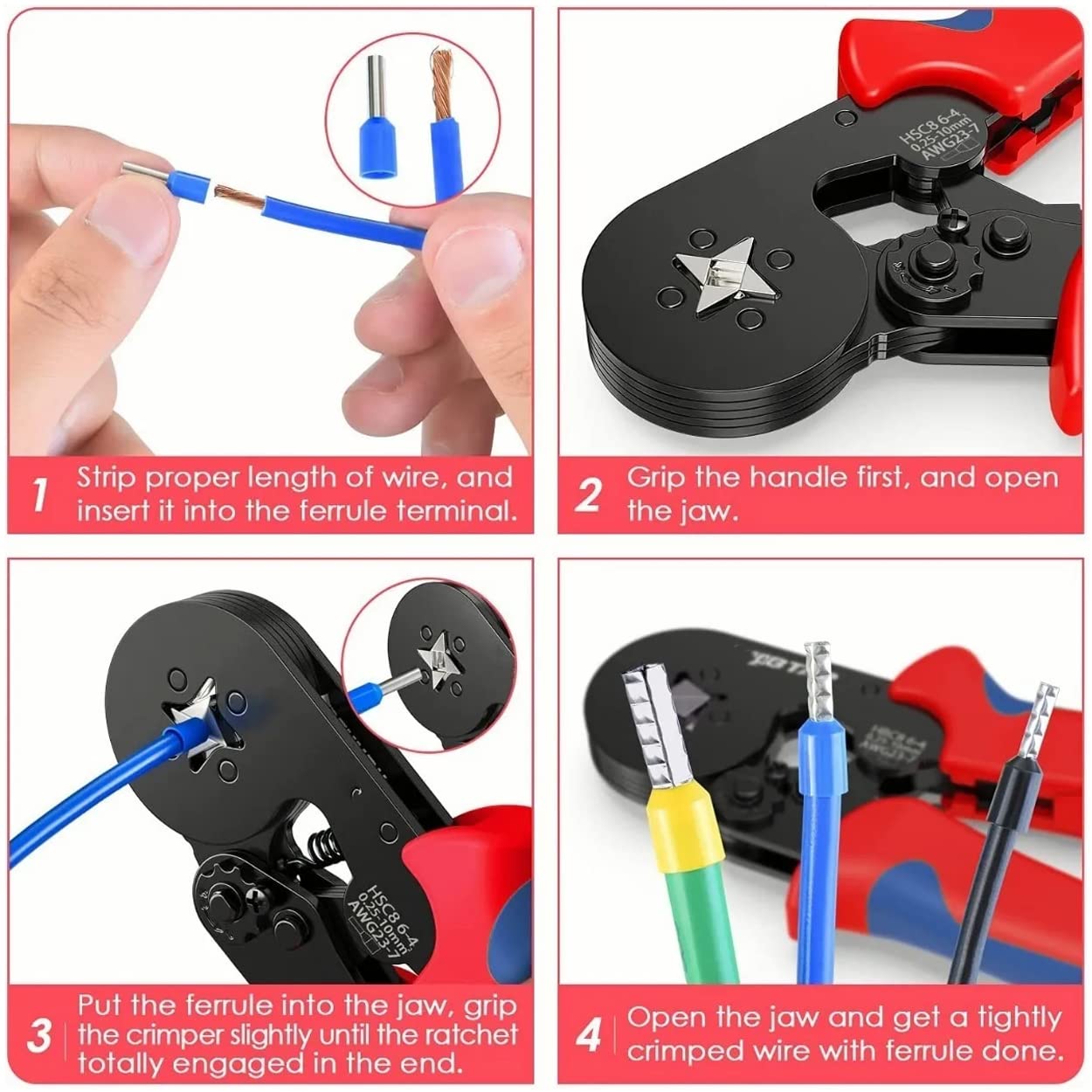 Kit de herramientas para prensar (AWG23-7) Juego de alicates para prensar Alicates de trinquete autoajustable Kit de herramientas para prensar cables con 1250 piezas de terminales de cables Conectores para prensar collares de extremos de cables Adecuado p
