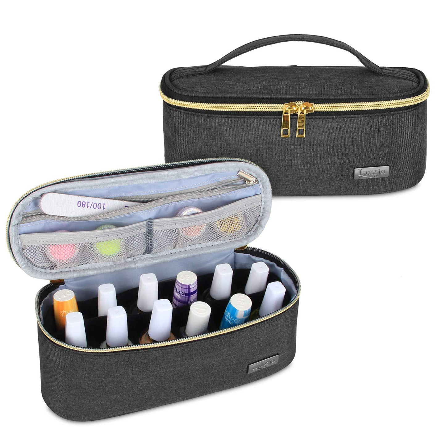 Luxja - Organizador de esmalte de uñas, capacidad para 12 botellas (15 ml - 0.5 fl.oz), estuche de esmalte de uñas para esmalte y herramientas pequeñas, color negro