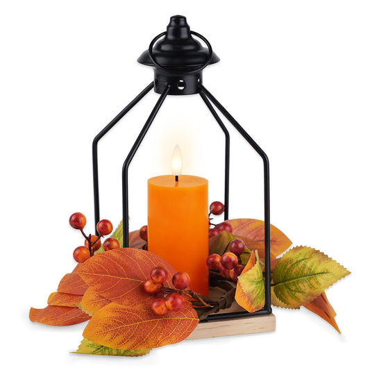 Linterna Decorativa Rhytsing Naranja con Corona de Hojas de Otoño y Vela LED para Halloween y Thanksgiving