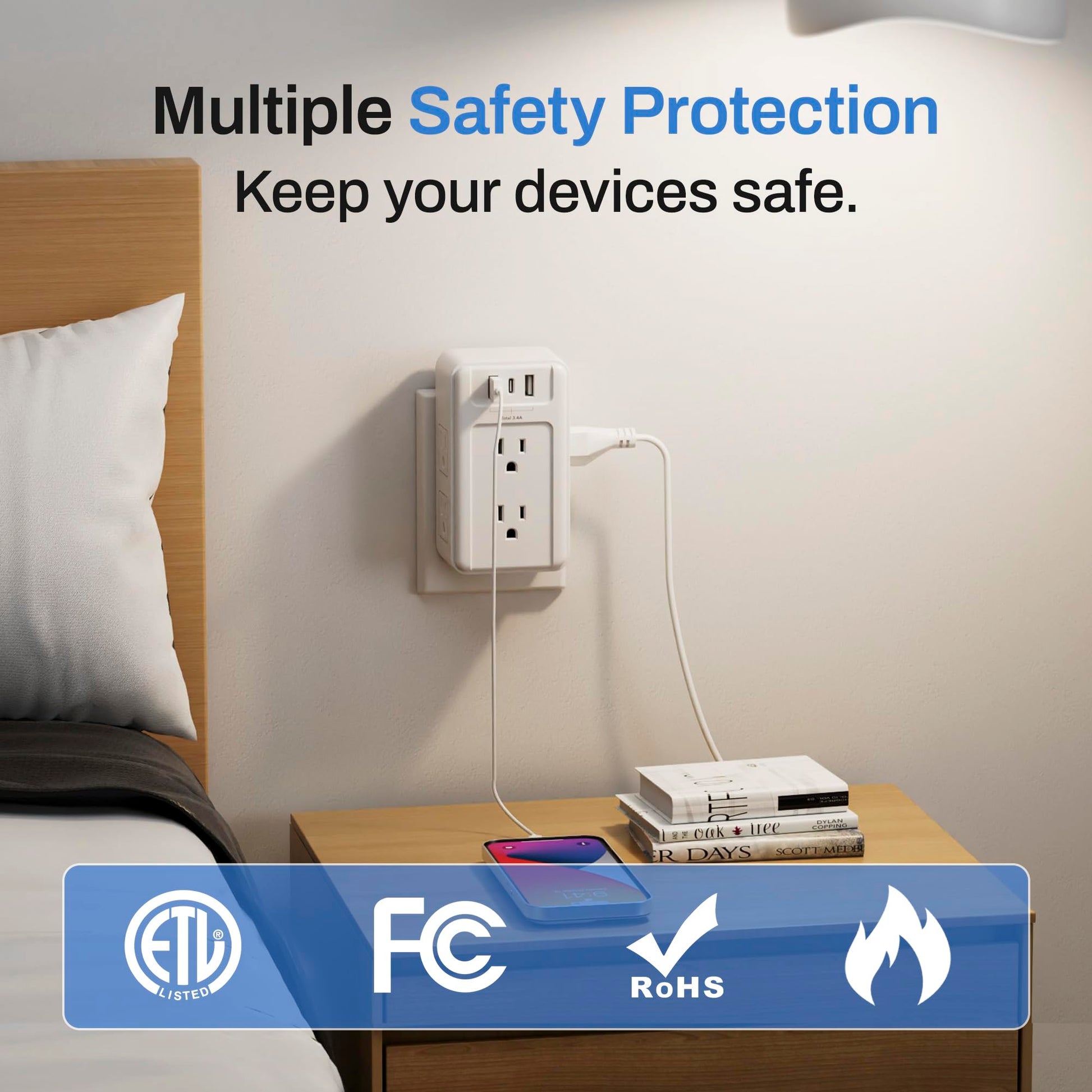 BN-LINK - Extensor de enchufe múltiple de 6 salidas de pared con 3 puertos de carga USB (1 USB C) Total 3.4A, divisor de 3 lados, enchufe de pared múltiple para hogar, oficina, recámara