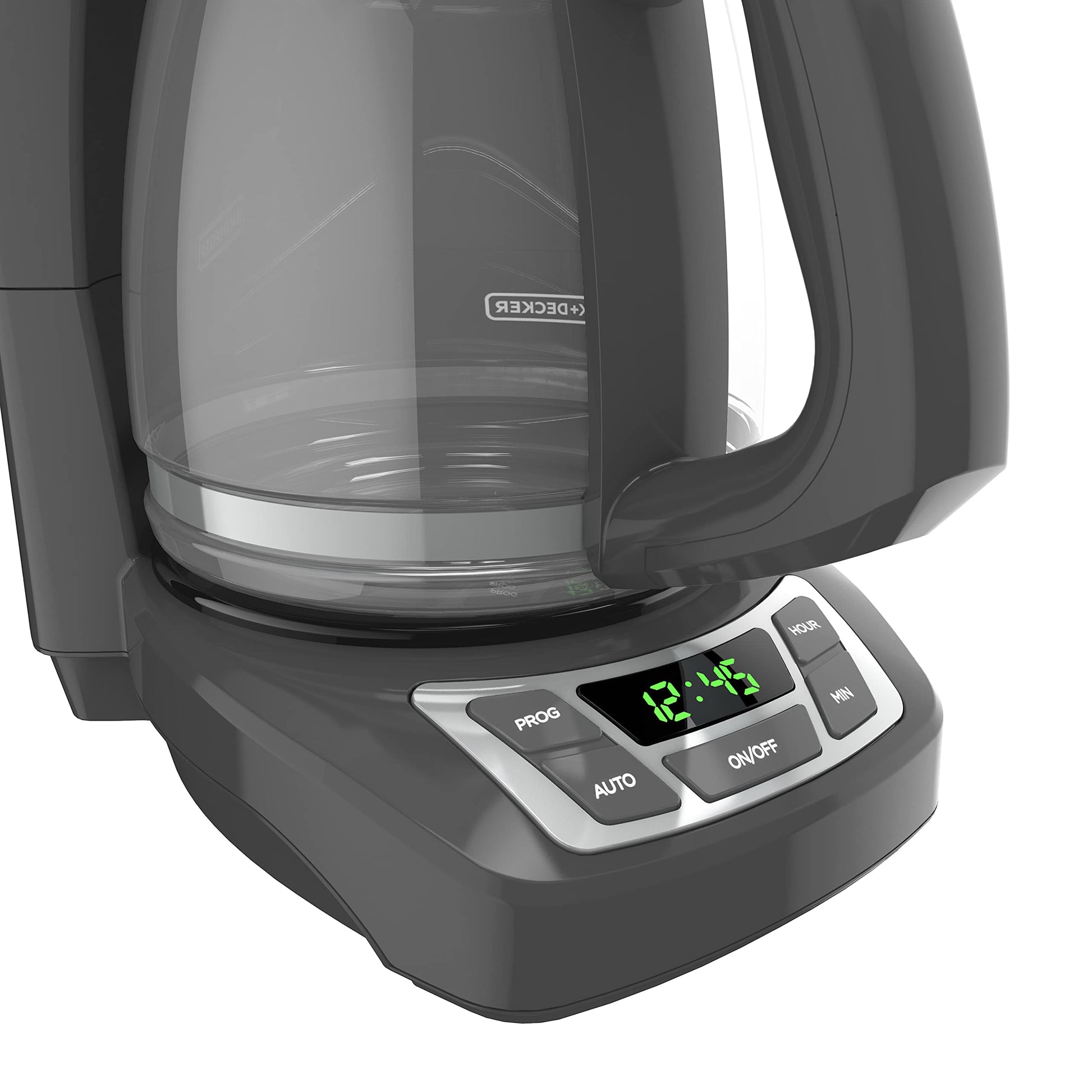 BLACK+DECKER - Cafetera digital de 12 tazas, CM1165GY, programable, filtro de cesta lavable, Sneak-A-Cup, preparación automática, ventana de agua, mantiene la placa caliente, gris