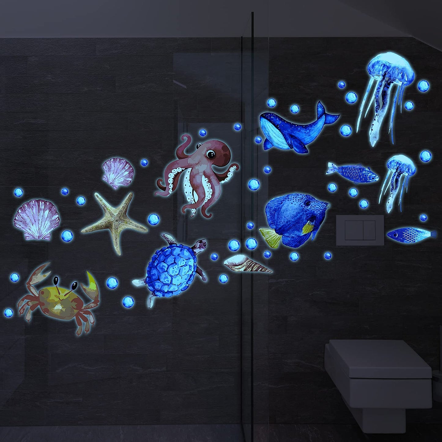 97 piezas Brillan en la oscuridad Mar pared Calcomanía Pegatinas Oceano pared Calcomanías Impermeable Retirable Brillante Pegatina por Niños Cuarto Decoración (Azul)
