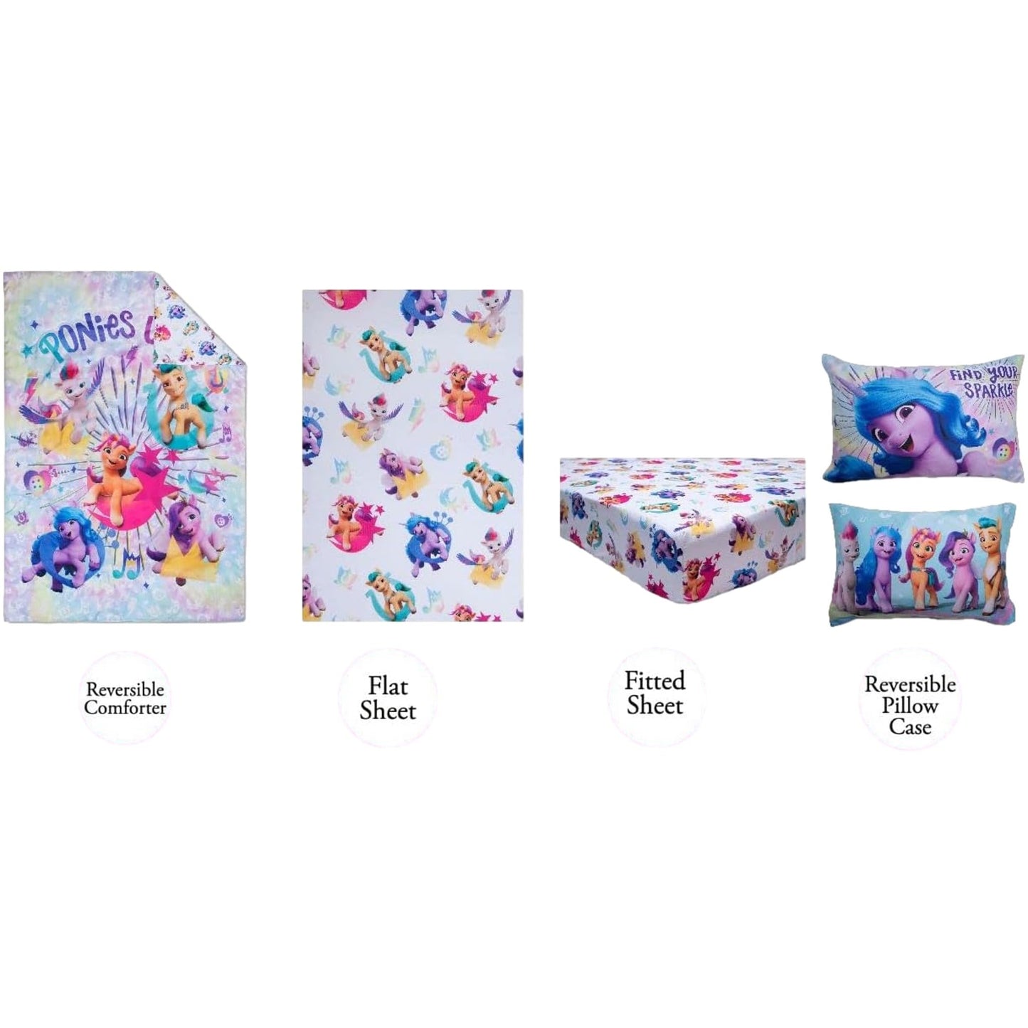 My Little Pony Juego de Ropa de Cama de 4 Piezas para niños pequeños, Incluye edredón Acolchado, sábana Bajera, sábana Superior y Funda de Almohada, diseño de Personajes para Cama de niños pequeños