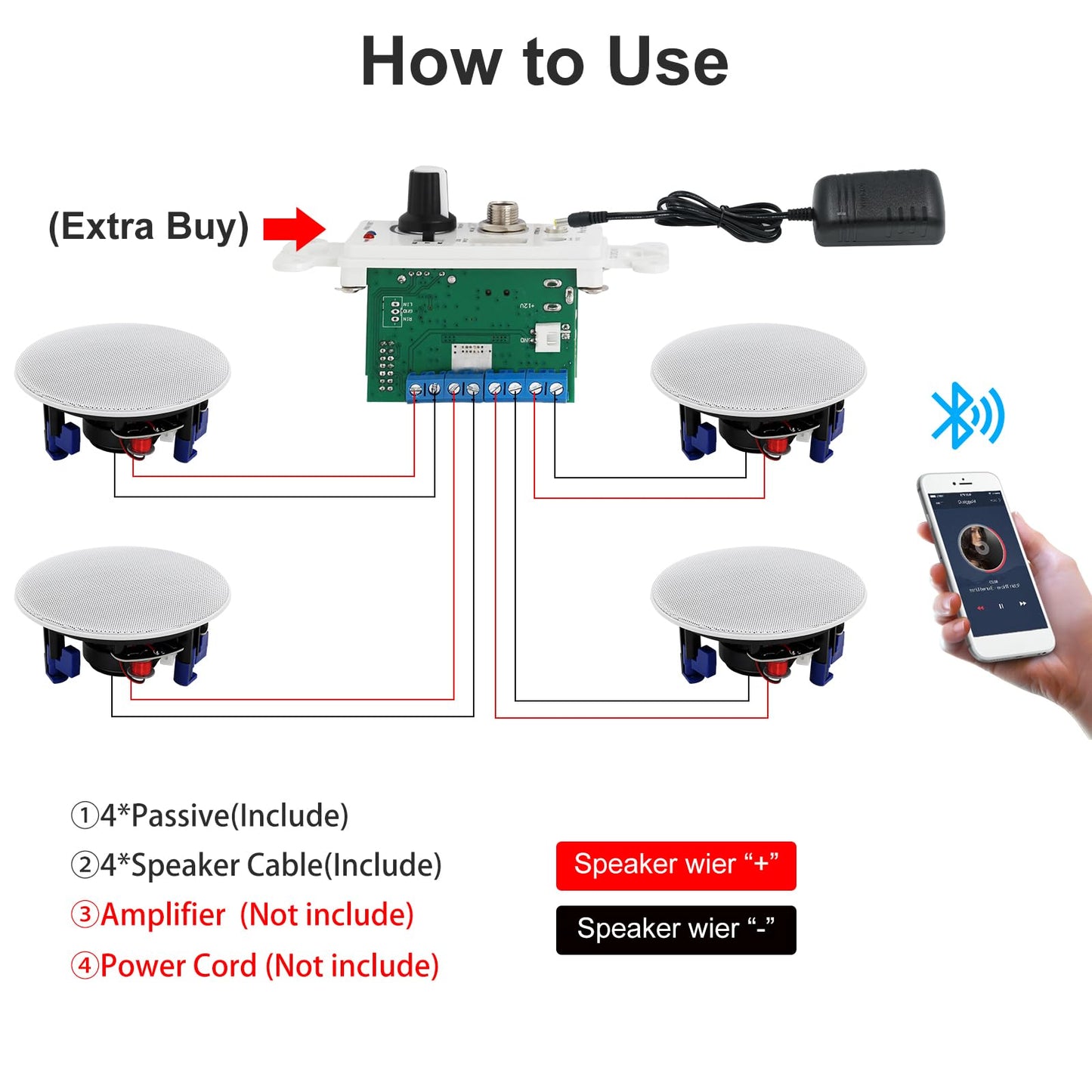 Herdio - Altavoces de techo, 6.5 pulgadas, 600 vatios, montaje empotrado, pasivos, con cable, para baño, cocina, sala de estar, oficina (4 altavoces)