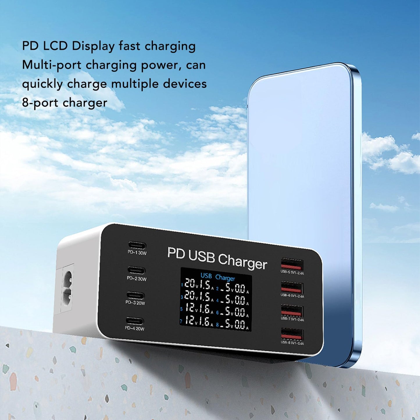 ciciglow Cargador USB, Estación de Carga USB de 8 Puertos de 65 W, Cargador de Concentrador USB Multipuerto, Pantalla LCD de Tamaño Compacto, Compatible con Auriculares Bluetooth para