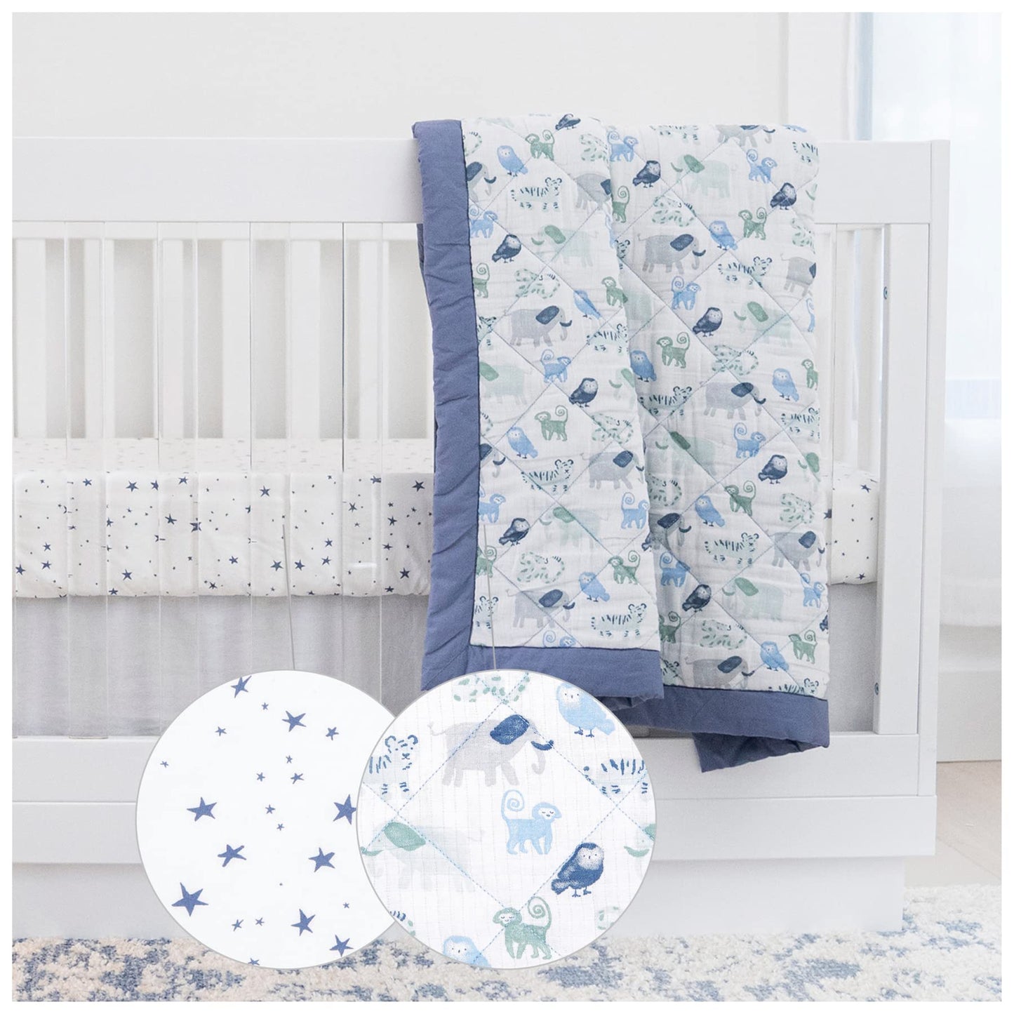 aden + anais Essentials - Juego de ropa de cama de 3 piezas, manta de algodón, sábana para cuna, falda para cuna, hora de soñar