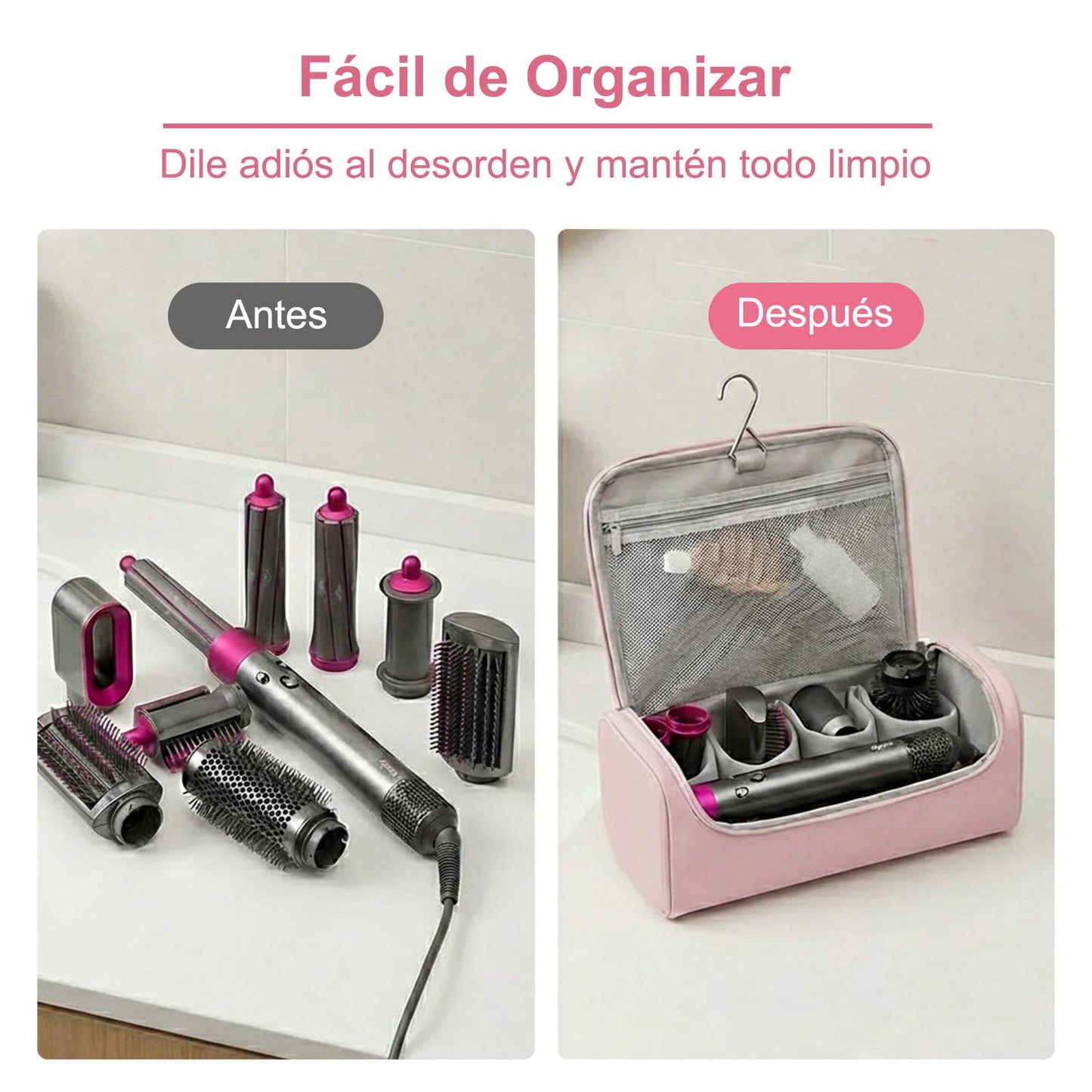 Estuche de Viaje Colgable Compatible con Shark FlexStyle y Dyson Airwrap, Bolsa Organizadora Impermeable de Gran Capacidad para Accesorios (Rosa)