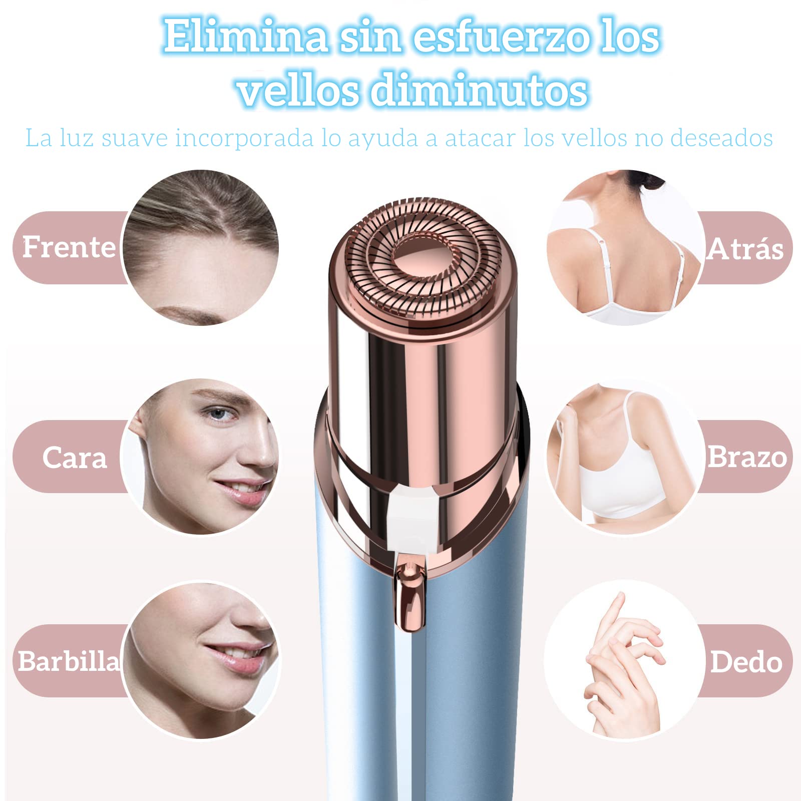 Depiladora Facial Mujer Recargable, Depilador Electrico USB, Depilación y Afeitadora para Mujer Sin Dolor para Labios/Bikini/Barbilla/Brazos/Axilas, 2 Cabezales de Repuesto Incluidos (Azul)