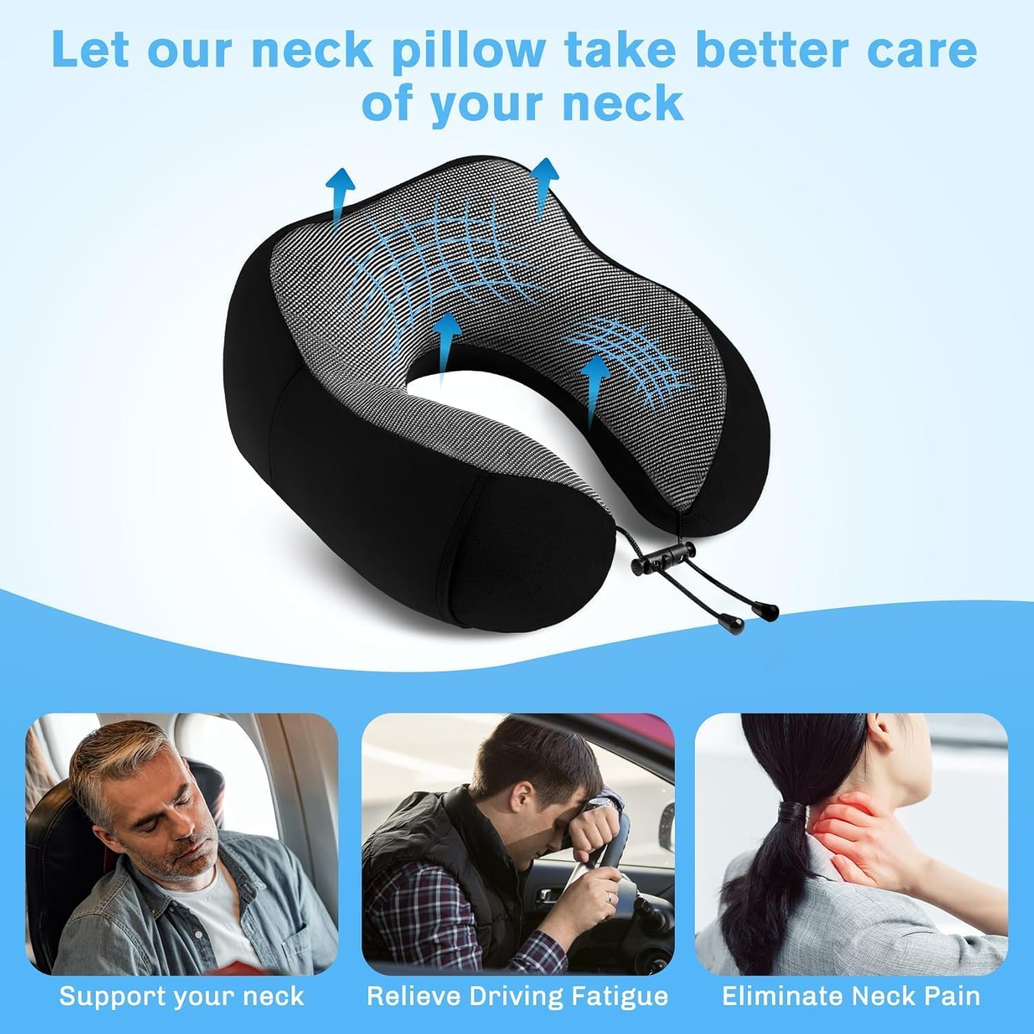 CISSSEE Almohada de Viaje,Almohada de Cuello Viscoelástica de Espuma de Memoria con Máscara de Ojos,Tapones para los oídos y Bolsa con Cordón, Soporte de Cuello para Avión, Oficina y el Hogar (Negro)