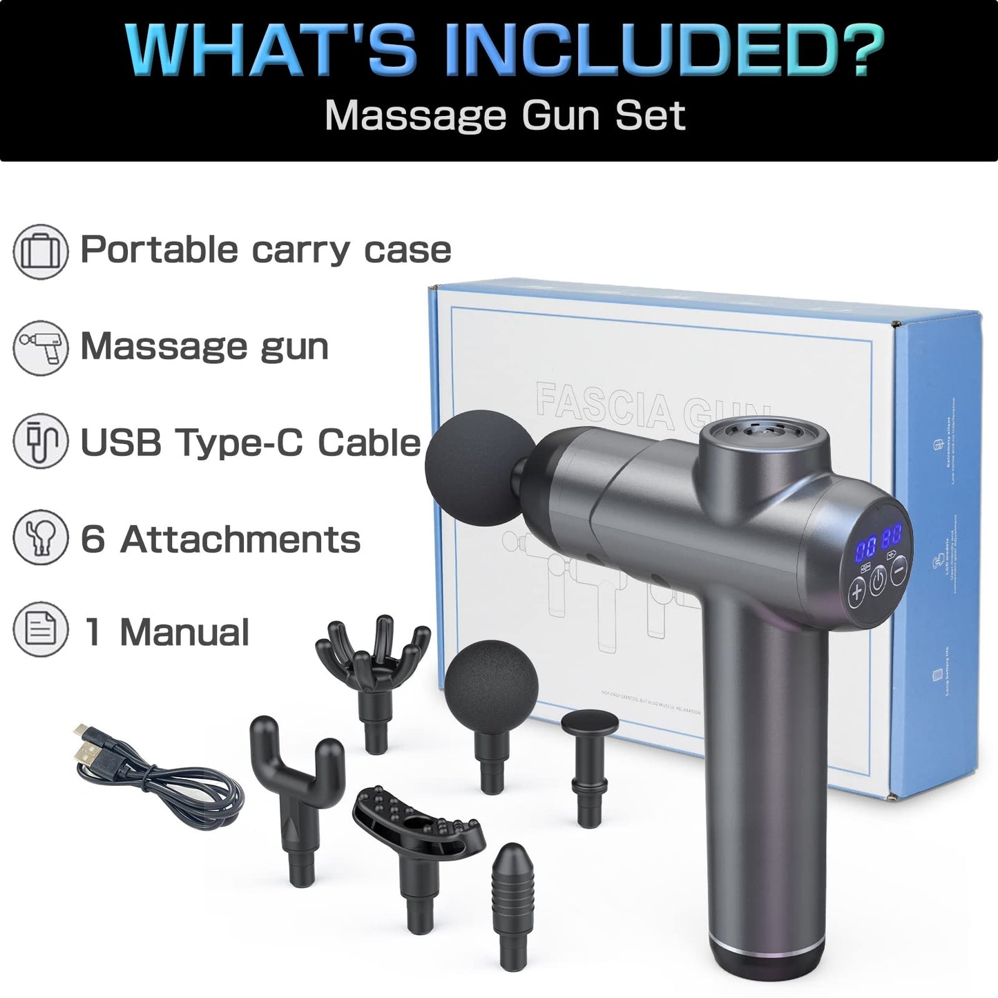 SHAVINGFUN Pistola de Masaje, Masajeador de Mano Recargable de Tejido Profundo con Pantalla LCD, 6 Cabezales de Masaje, 99 Velocidades Ajustables para Alivio y Recuperación del Dolor Muscular