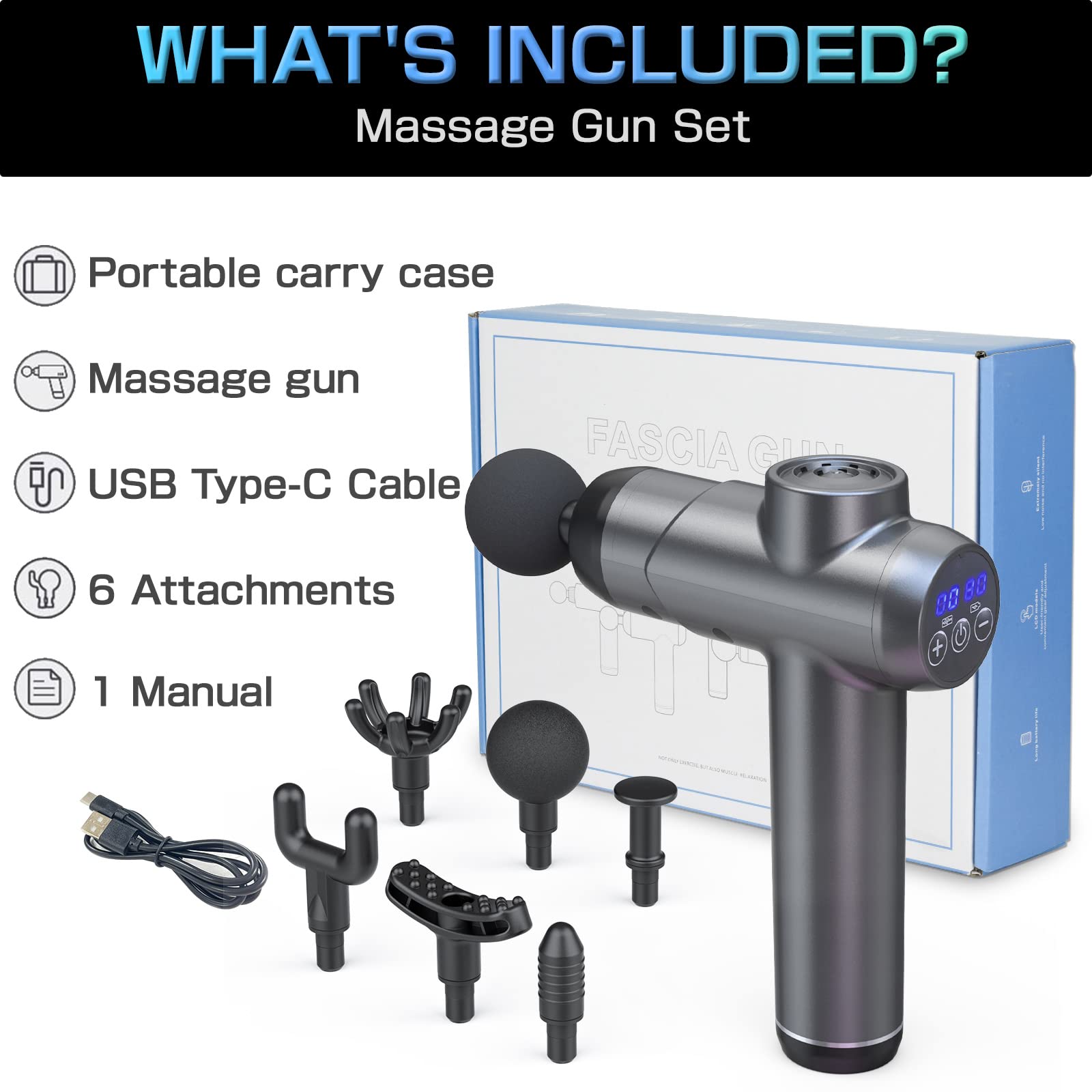 SHAVINGFUN Pistola de Masaje, Masajeador de Mano Recargable de Tejido Profundo con Pantalla LCD, 6 Cabezales de Masaje, 99 Velocidades Ajustables para Alivio y Recuperación del Dolor Muscular
