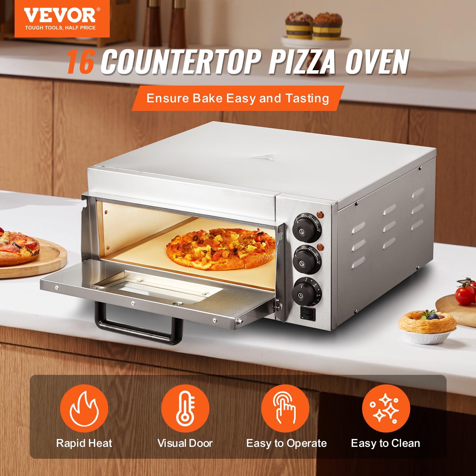 Horno de Pizza Eléctrico VEVOR 16 Pulgadas 1700 W con Temperatura Ajustable y Temporizador de 0 a 60 Minutos para Horneado Uniforme