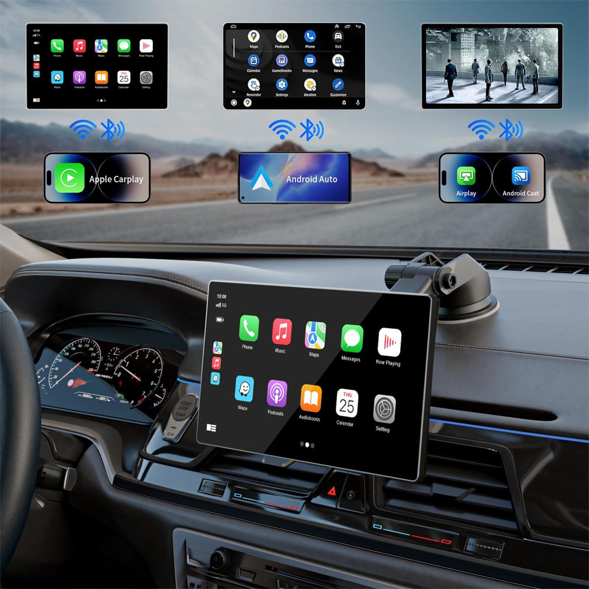 Autoestéreo para Carro Portátil de 9 Pulgadas con 2K Dashcam, Compatible con Todos los Vehículos, con CarPlay inalámbrico, Android Auto, WiFi, GPS, Bluetooth, Mirror Link y Cámara de Visión Trasera.