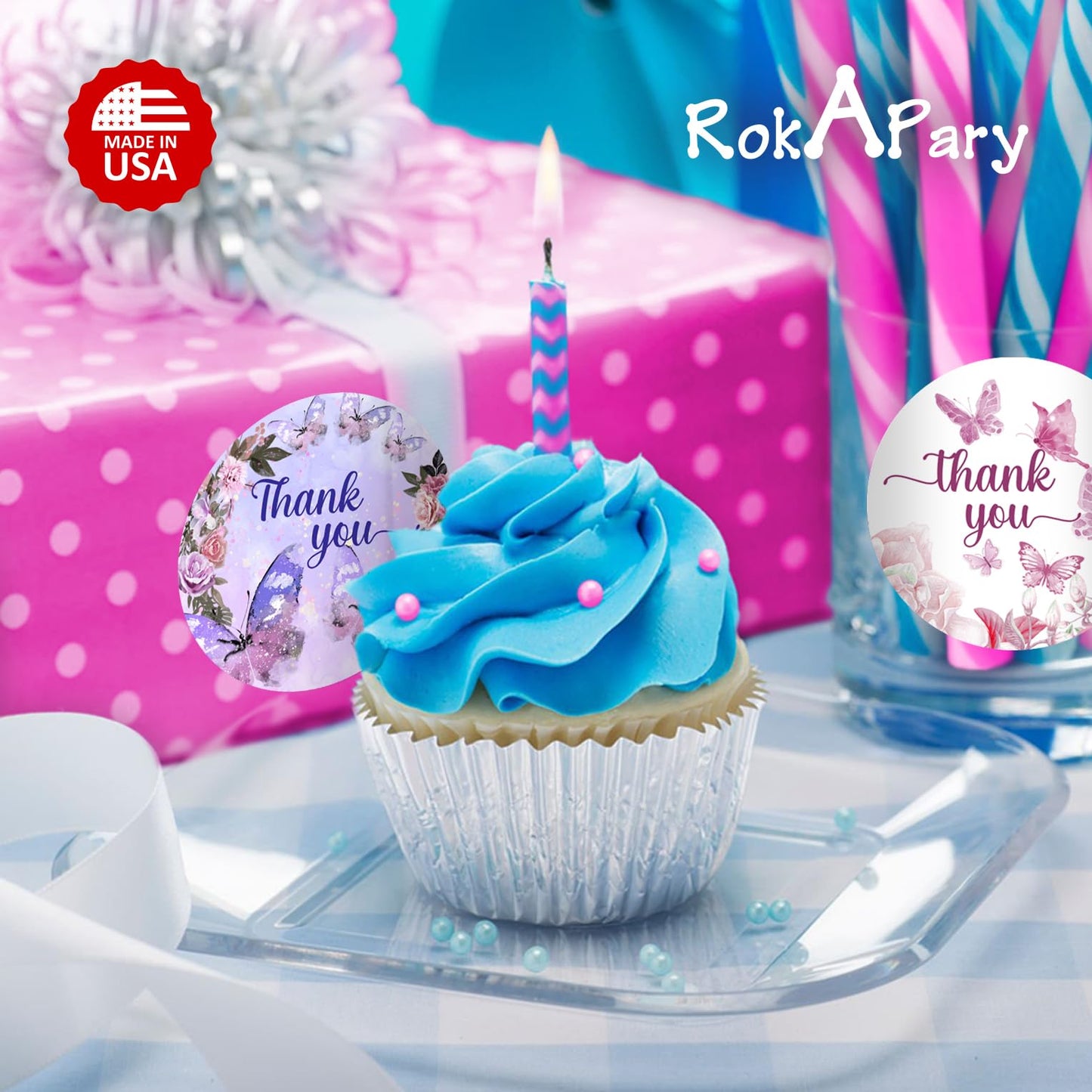 Mariposa 40 pegatinas de agradecimiento, etiquetas brillantes redondas grandes de 2 pulgadas, tema para baby shower, cumpleaños, boda, despedida de soltera, ideal para recuerdos de fiesta, etiquetas, juegos y suministros. Fabricado en Estados Unidos