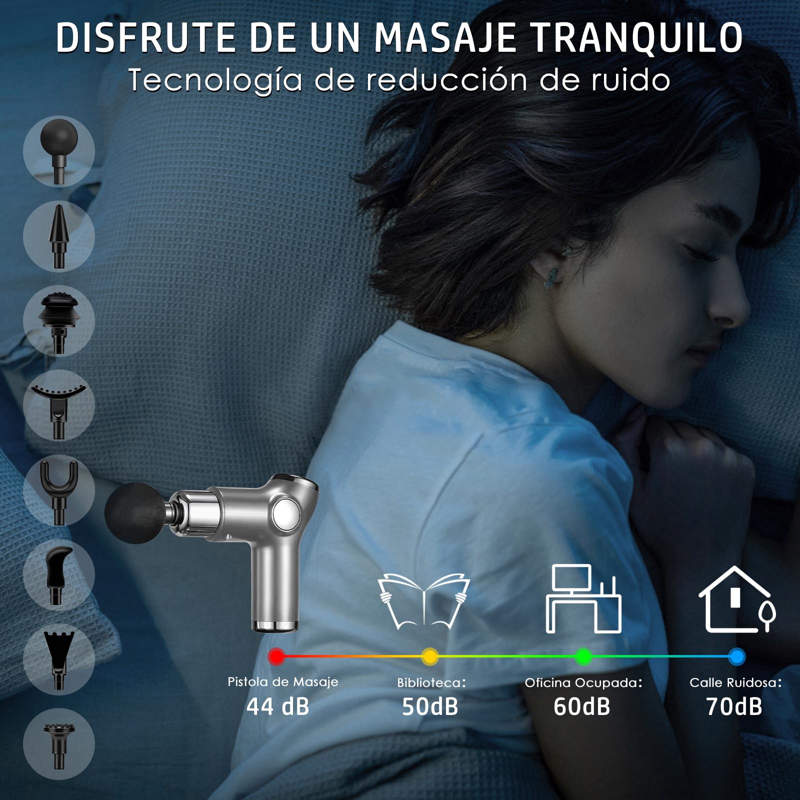 Pistola de Masaje Muscular,Pistola Masajeadora de Tejido Profundo,Máquina de Masaje Espalda Portátil,Hand-Held Massage Gun con 32 Niveles Ajustables y 8 Cabezales,USB Recargable,Súper Silencioso,Plata