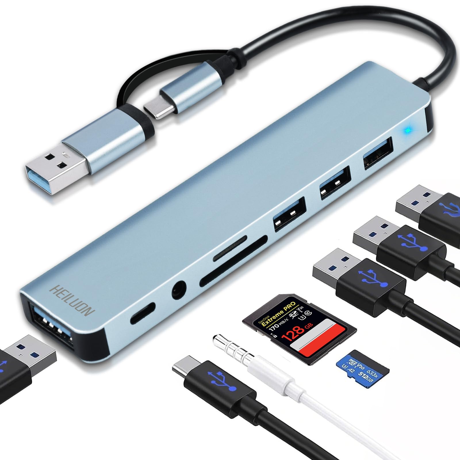 HeiLuon Hub USB C 8 en 1,USB 3.0 con Jack 3.5mm, Adaptador de Puertos USB Múltiple para Laptop, 4 Puertos USB, 1 Puerto USB-C, Lector de Tarjetas TF & SD, Compatible con MacBook, ProPad y Tablets