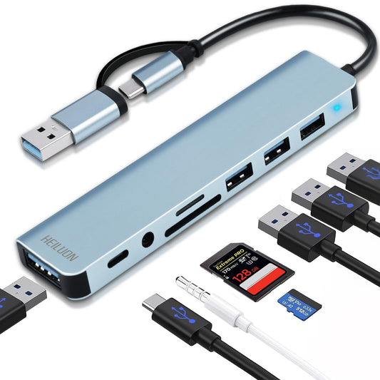 HeiLuon Hub USB C 8 en 1,USB 3.0 con Jack 3.5mm, Adaptador de Puertos USB Múltiple para Laptop, 4 Puertos USB, 1 Puerto USB-C, Lector de Tarjetas TF & SD, Compatible con MacBook, ProPad y Tablets