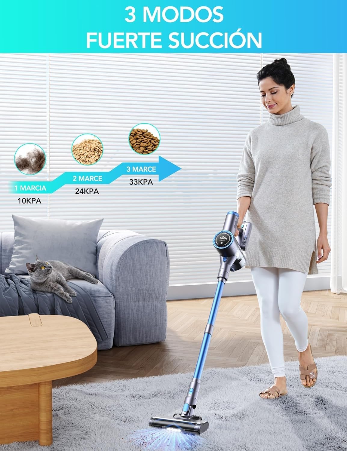 Greenote Aspiradora Inalámbrica Potente, 480W/33 KPA, Accesorio 10 en 1, Pantalla Táctil, Sin Enredos, 55 Minutos de Autonomía, Apto para Suelos Duros, Alfombras y Pelos de Mascotas