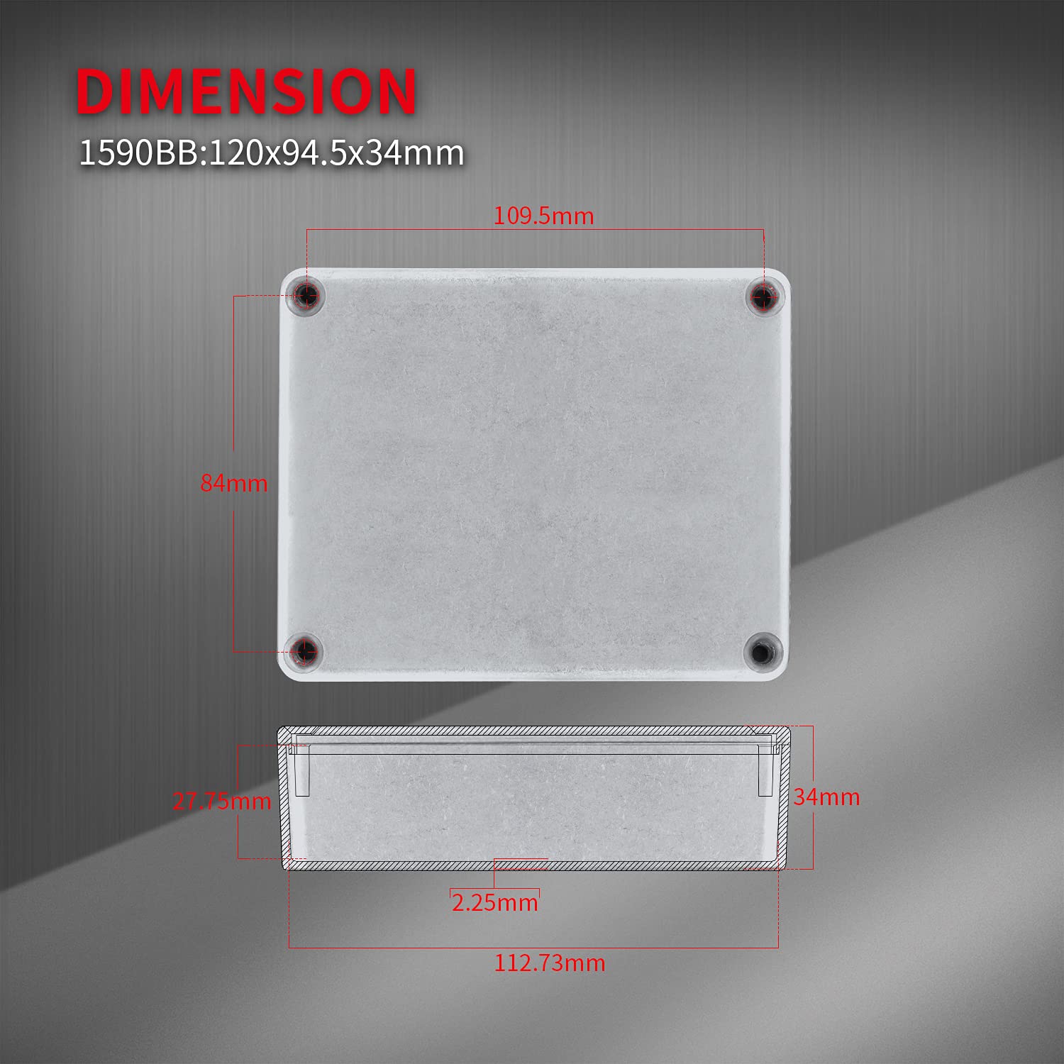 DaierTek 1590BB - Caja de aluminio de metal para pedales de guitarra, caja de efecto piso, sin pintar, 120 x 94,5 x 34 mm