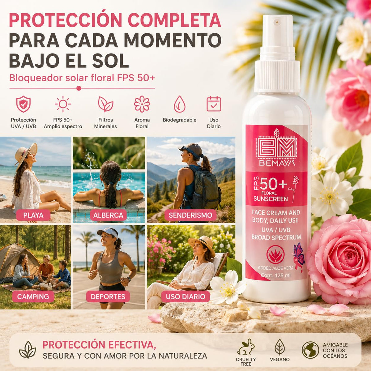 Bemaya Protector Solar Mineral Corporal FPS 50+ Biodegradable | Óxido de Zinc | Protección UVA/UVB | Aroma Floral | 125 ml