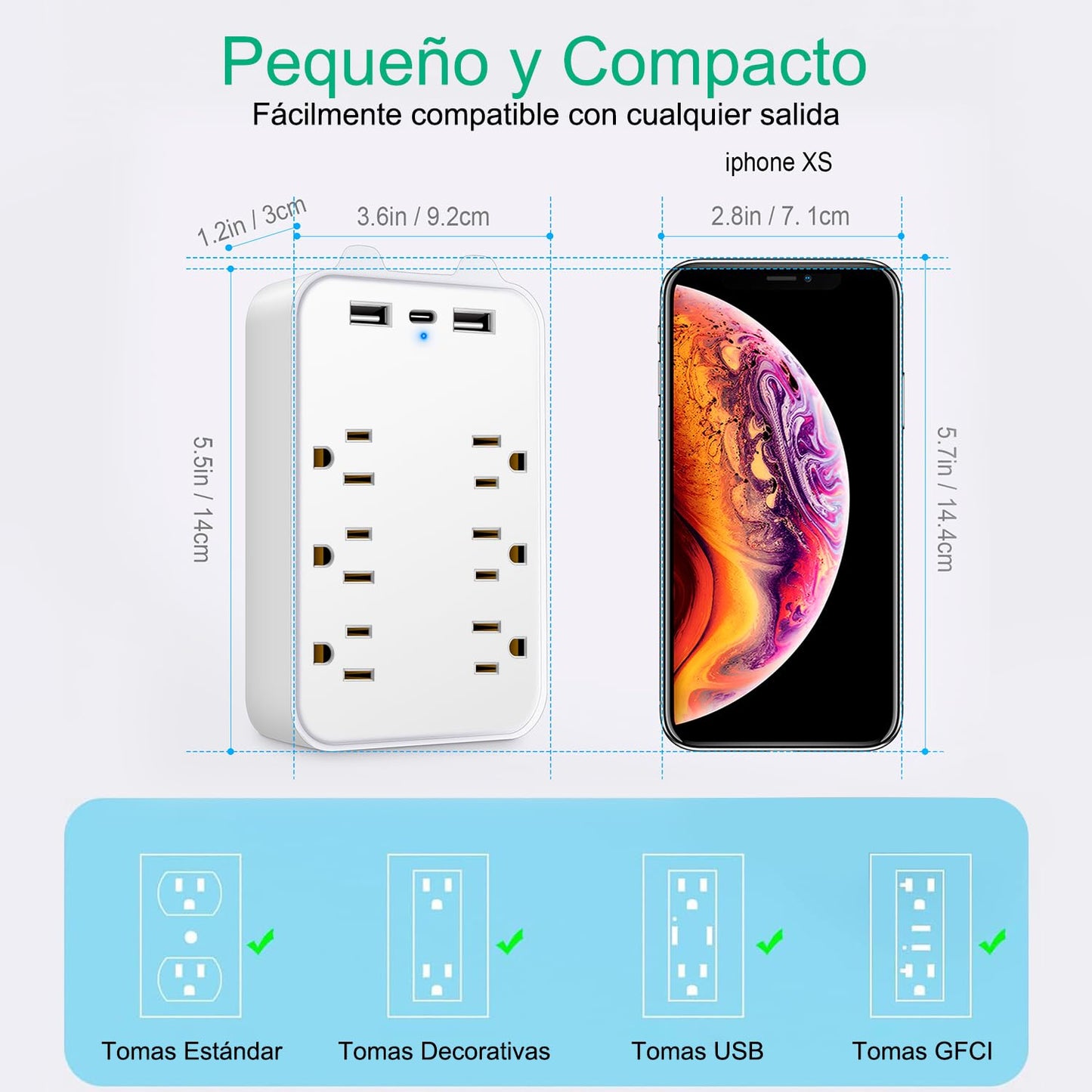 Multicontacto de Pared, Protector de Sobretensión de Pared con Extensor de 6 Tomas con 3 Puertos USB (1 USB-C), Regleta Multicontacto Extensiones Eléctricas Enchufe de pared para Oficina Casa