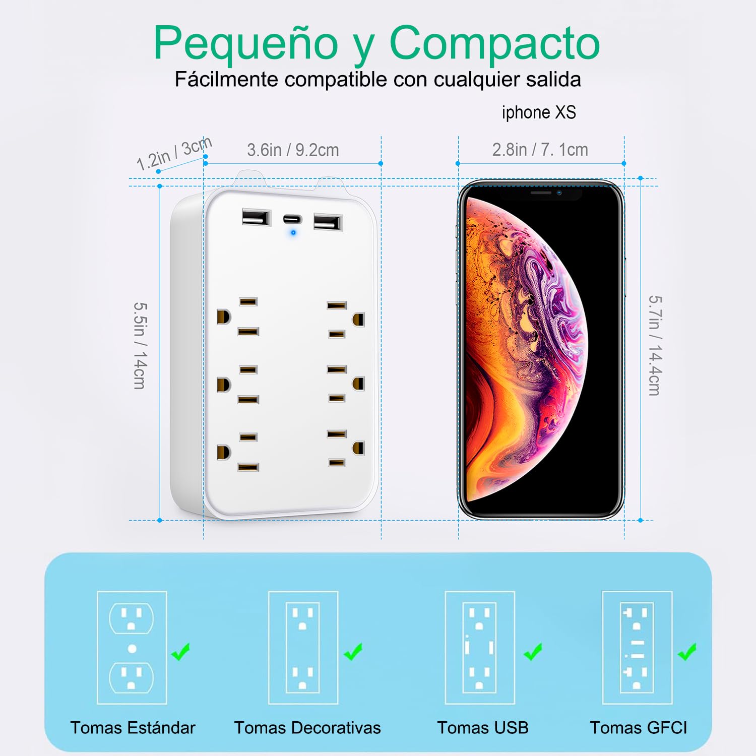 Multicontacto de Pared, Protector de Sobretensión de Pared con Extensor de 6 Tomas con 3 Puertos USB (1 USB-C), Regleta Multicontacto Extensiones Eléctricas Enchufe de pared para Oficina Casa
