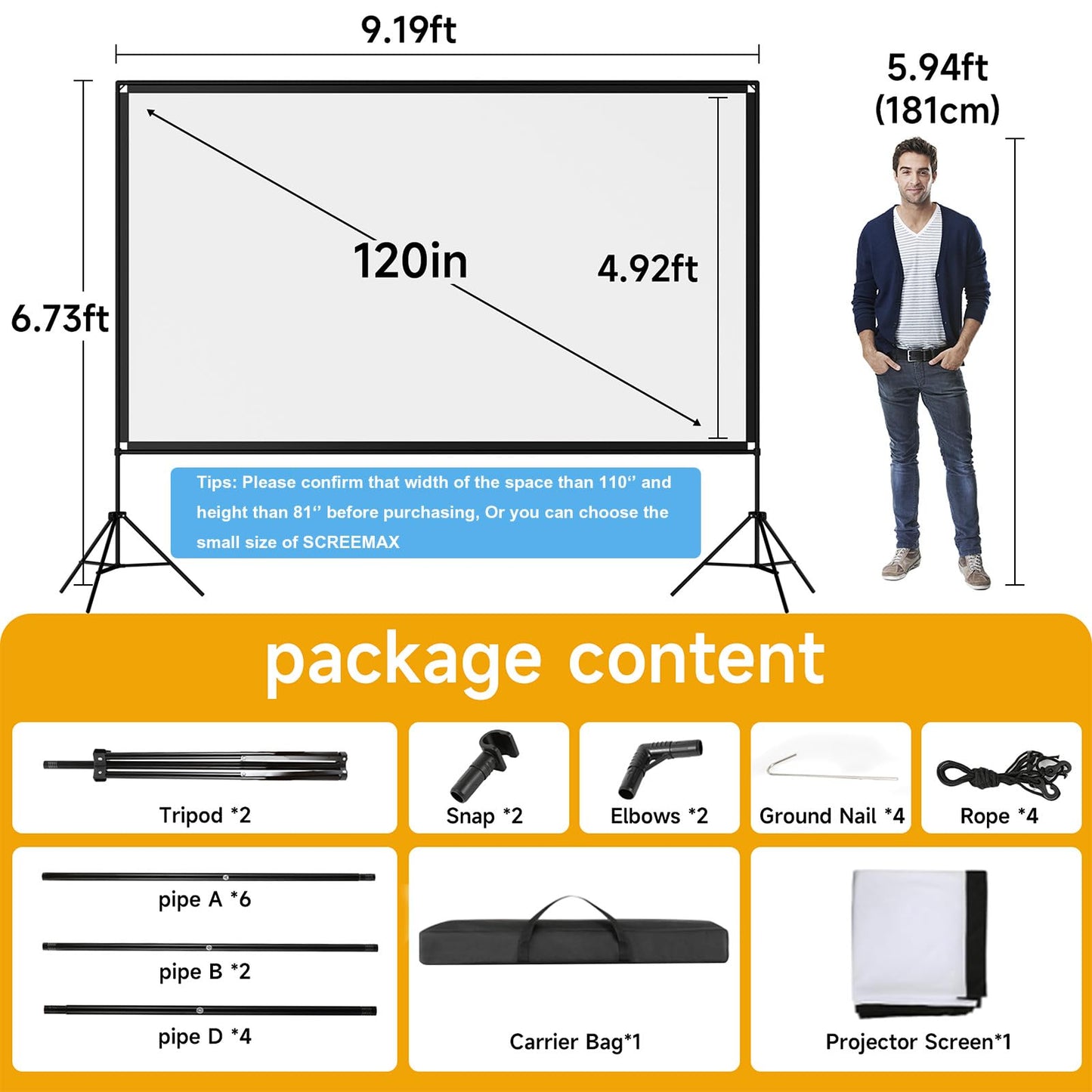 Screenmax - visualización de proyector plegable de 120 pulgadas con bolsa de transporte portátil, visualización de proyección frontal trasera HD 16:9 4k sin arrugas para cine en casa y cine en