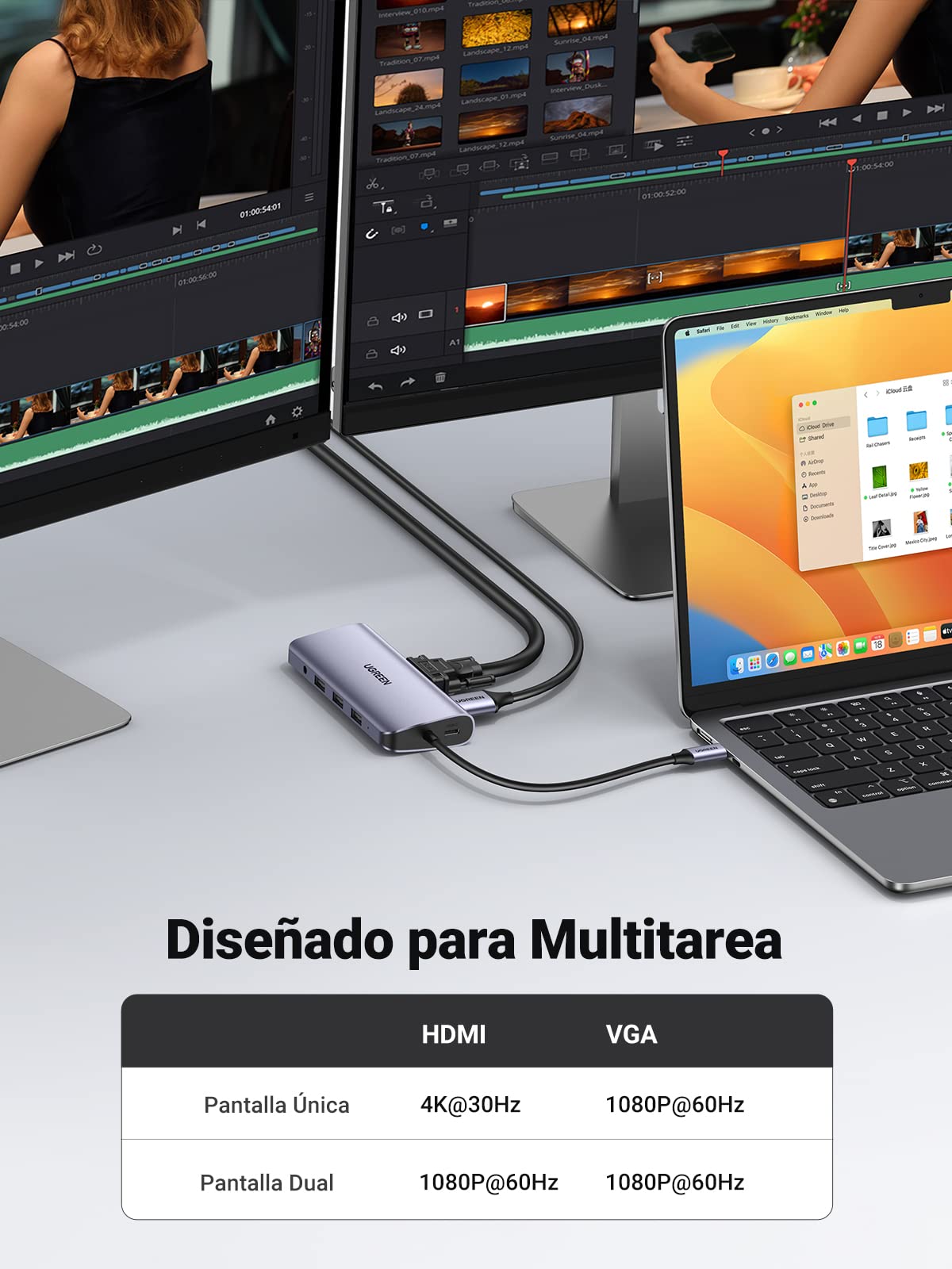 Hub USB C UGREEN Plateado 10 en 1 con HDMI 4K, Ethernet Gigabit, VGA y Carga 100W para Macbook e iPad