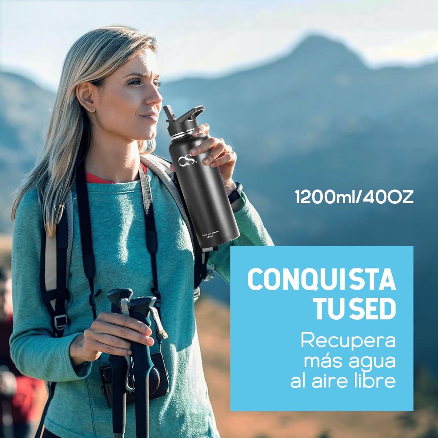 Termo de Acero Inoxidable OSLIFE Negro Hermético Antigoteo 1.2 Litros para Senderismo