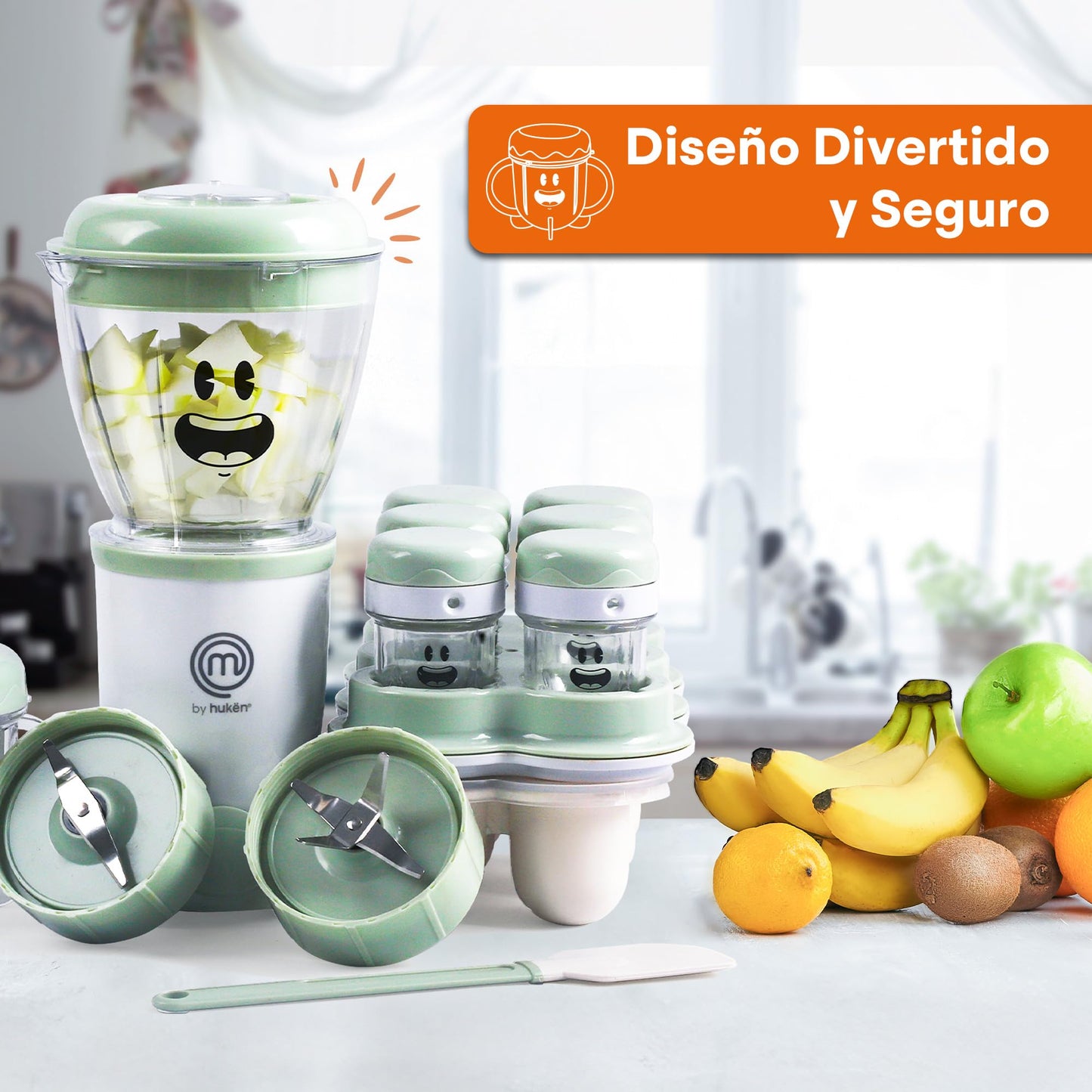 Hukën x MasterChef | Set de Licuadora Nutri-Baby | 2 Aspas para Papillas y Cereales | Vasos de 450 ml y 170 ml | 6 Contenedores con Fecha | Bandeja para Congelar