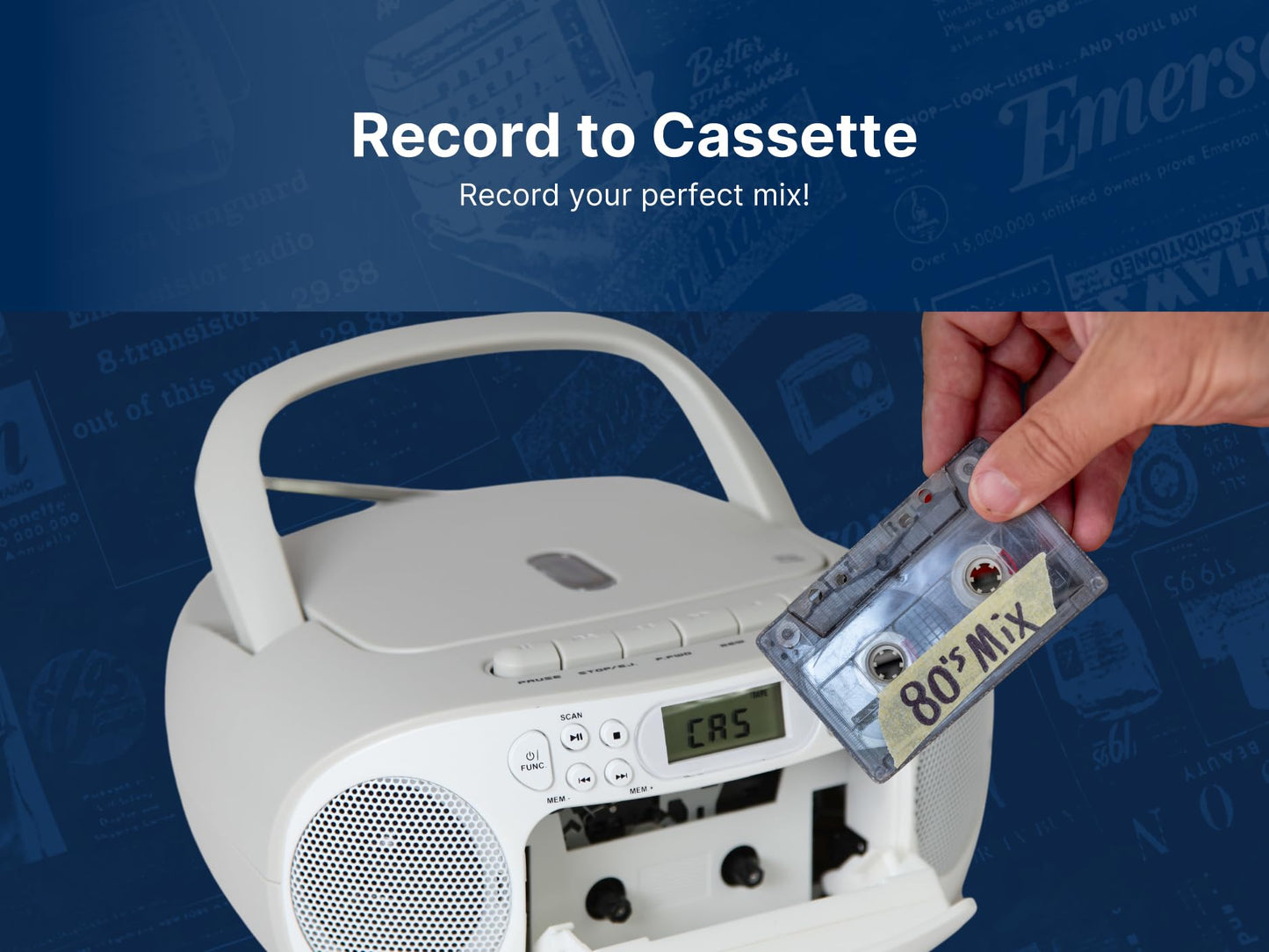 Reproductor de CD Portátil Emerson Negro con Cassette, Grabadora de Cinta, Radio AM/FM y Altavoces Duales