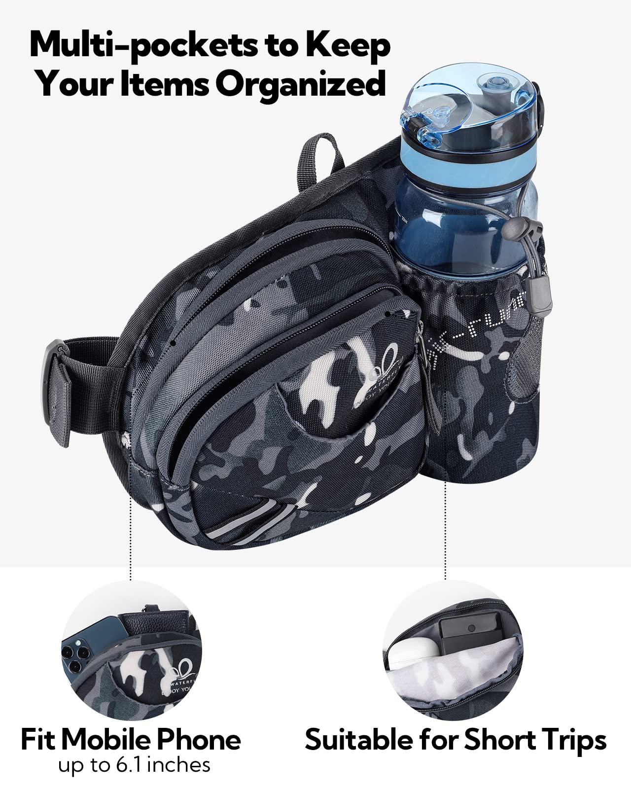 Riñonera WATERFLY Negro Deportiva con Soporte para Botellas para Mujer y Hombre