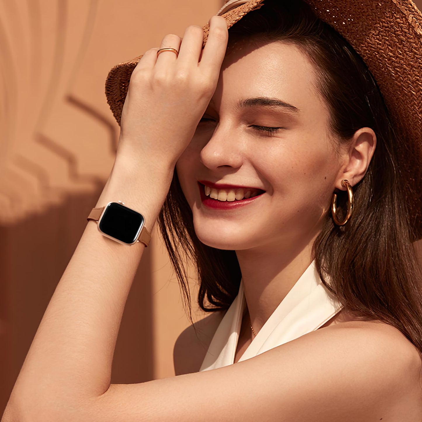 Correa delgada de cuero Vcegari marrón genuino compatible con Apple Watch Series 10-1 SE Ultra 2