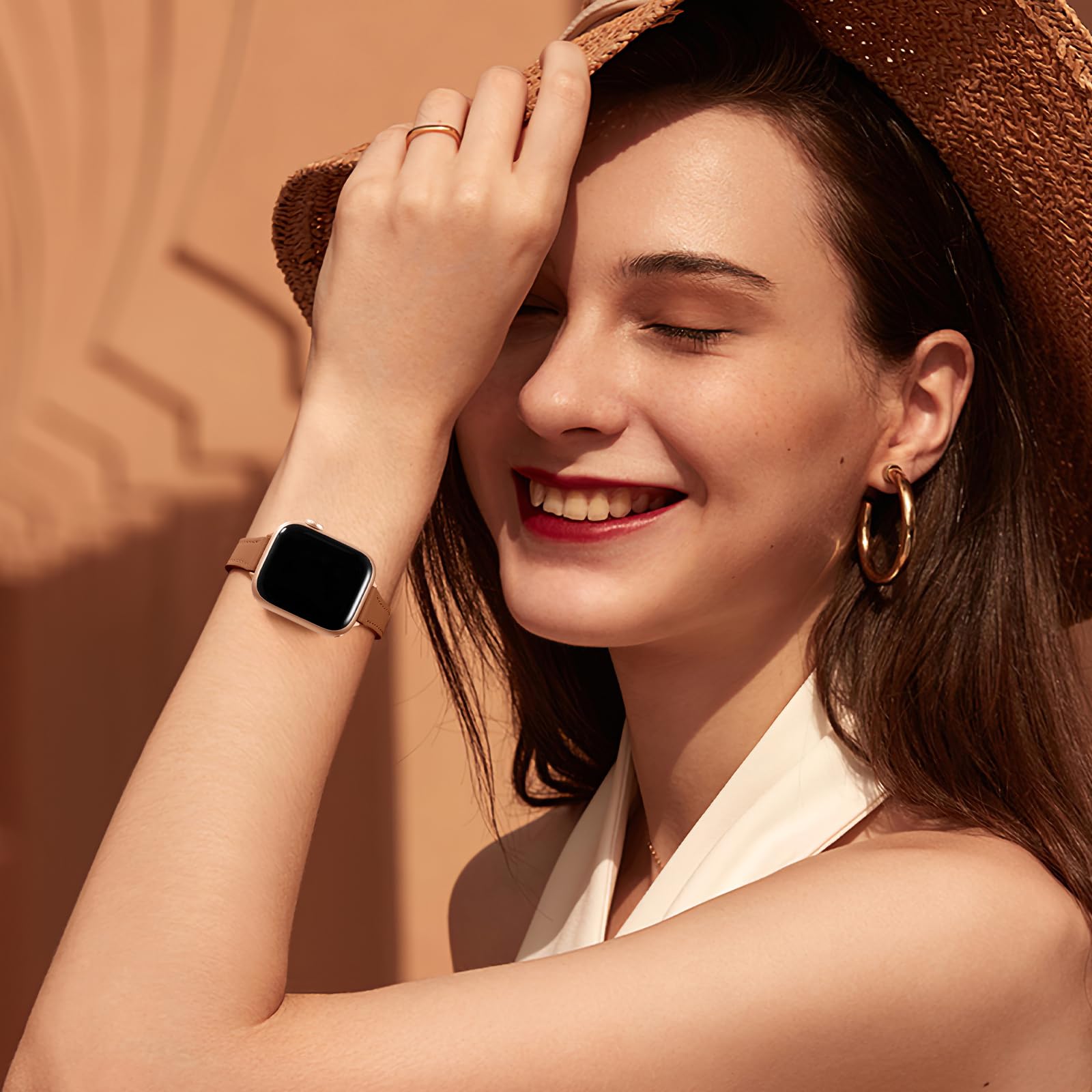 Correa delgada de cuero Vcegari marrón genuino compatible con Apple Watch Series 10-1 SE Ultra 2