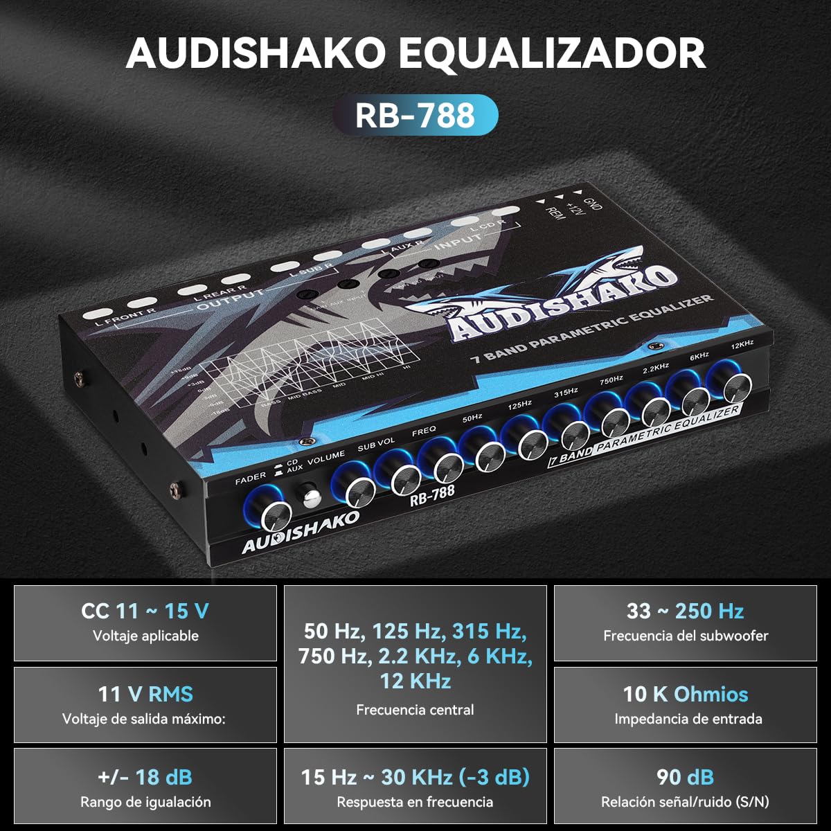 Ecualizador de Automóvil AUDISHAKO Negro con 7 Bandas y 4 Entradas RCA para Coches, Camionetas y Todoterrenos