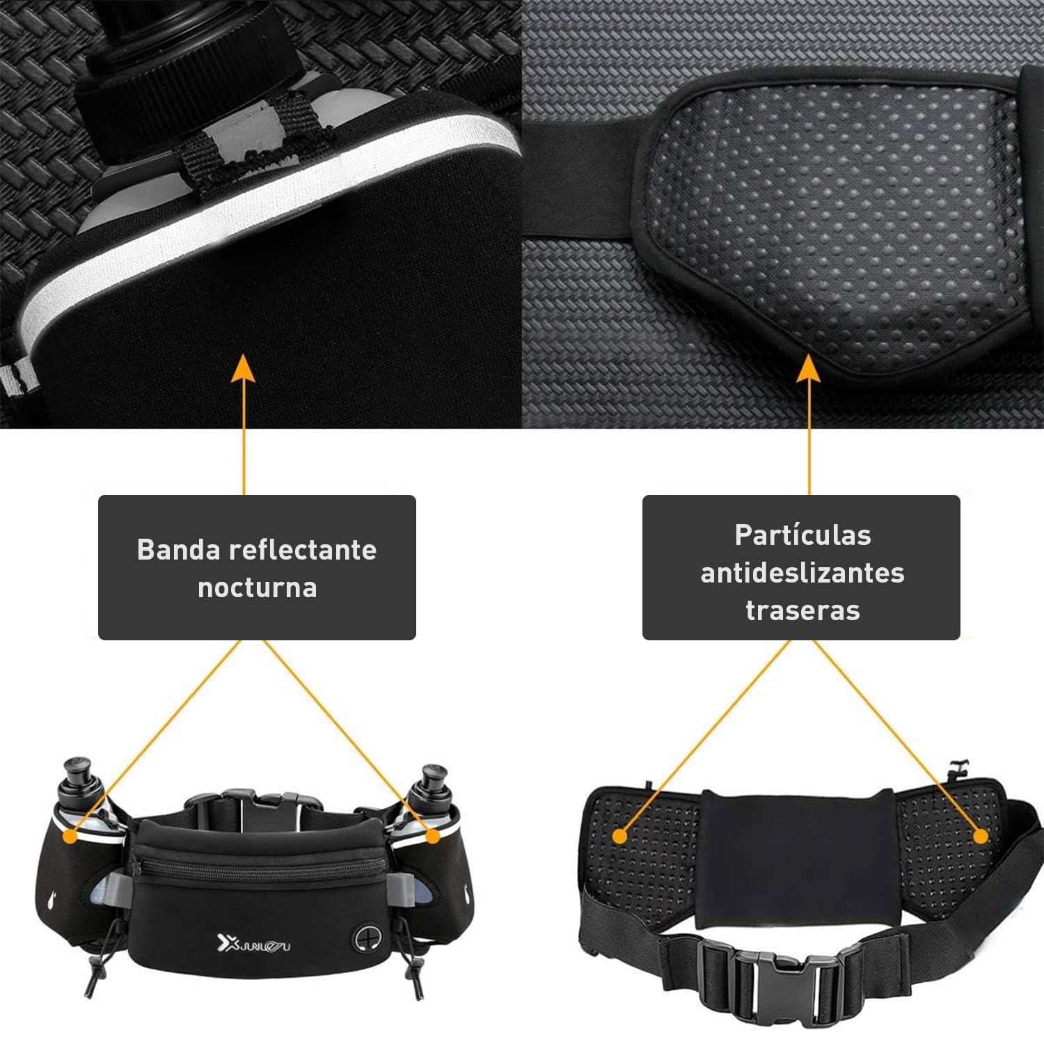 Garselay Cangurera Deportiva, Riñonera Deportiva con 2 Botellas de Agua, Cinturón Hidratación Running Reflectante con Orificio para Auriculares, Bolsa para Correr, Ciclismo, Gimnasio, Senderismo-Verde