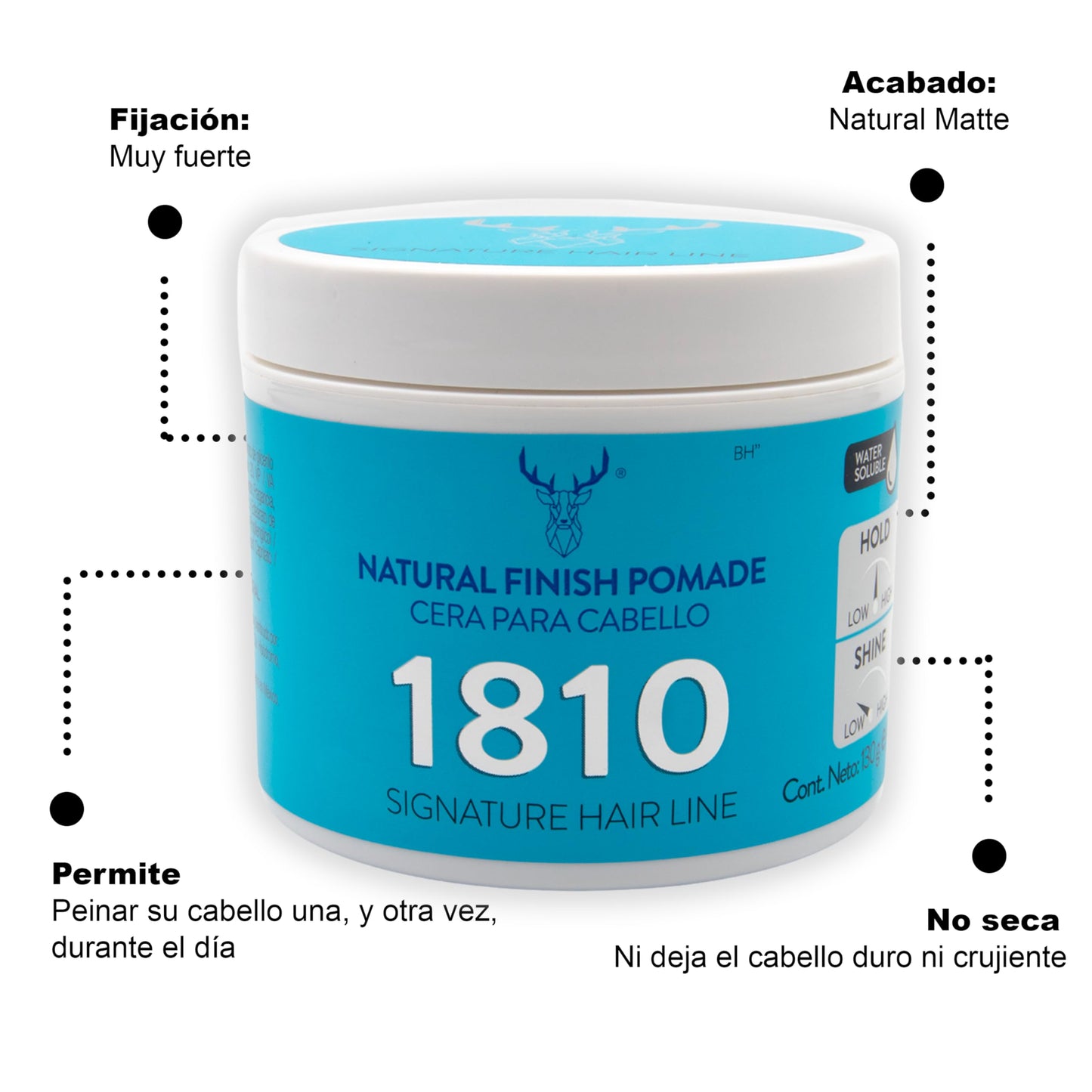 1810 Cera NATURAL FINISH Pomade para cabello (Nueva Imagen) - FIJACIÓN MEDIA - BRILLO NATURAL - Pomada para cabello Base Agua - Libre de Parabenos - Libre de Sulfatos - Cruelty Free - Medium Hold Medium Shine Pomade - Efecto Cera Sin Residuos - 4.58 oz/13